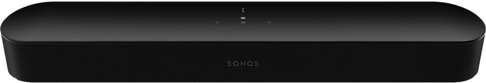 Black Sonos soundbar with the Sonos logo and top controls, on a white background.
