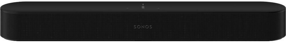 A black Sonos soundbar with the brand name displayed.