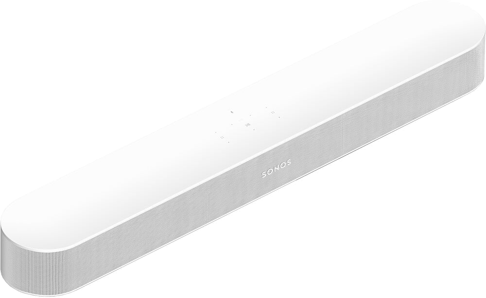 Witte Sonos soundbar met een mesh voorkant. Het Sonos-logo is zichtbaar.