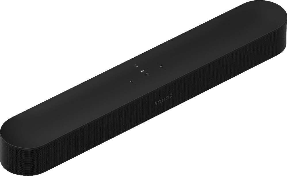 Zwarte Sonos soundbar met een lange, rechthoekige vorm en een minimalistisch ontwerp. Schuine weergave.