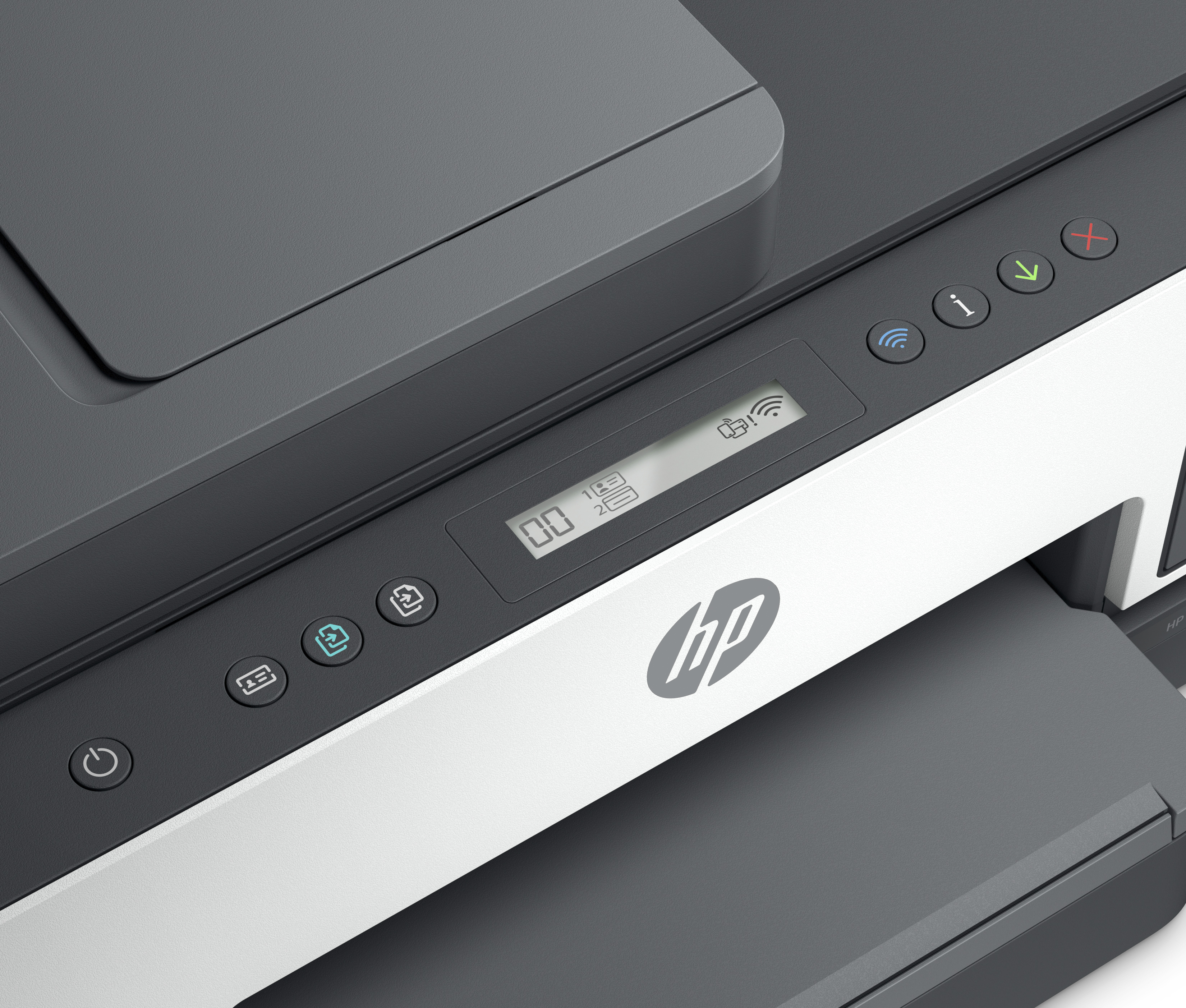 Close-up of a white and gray printer. Control panel with display and buttons is visible.