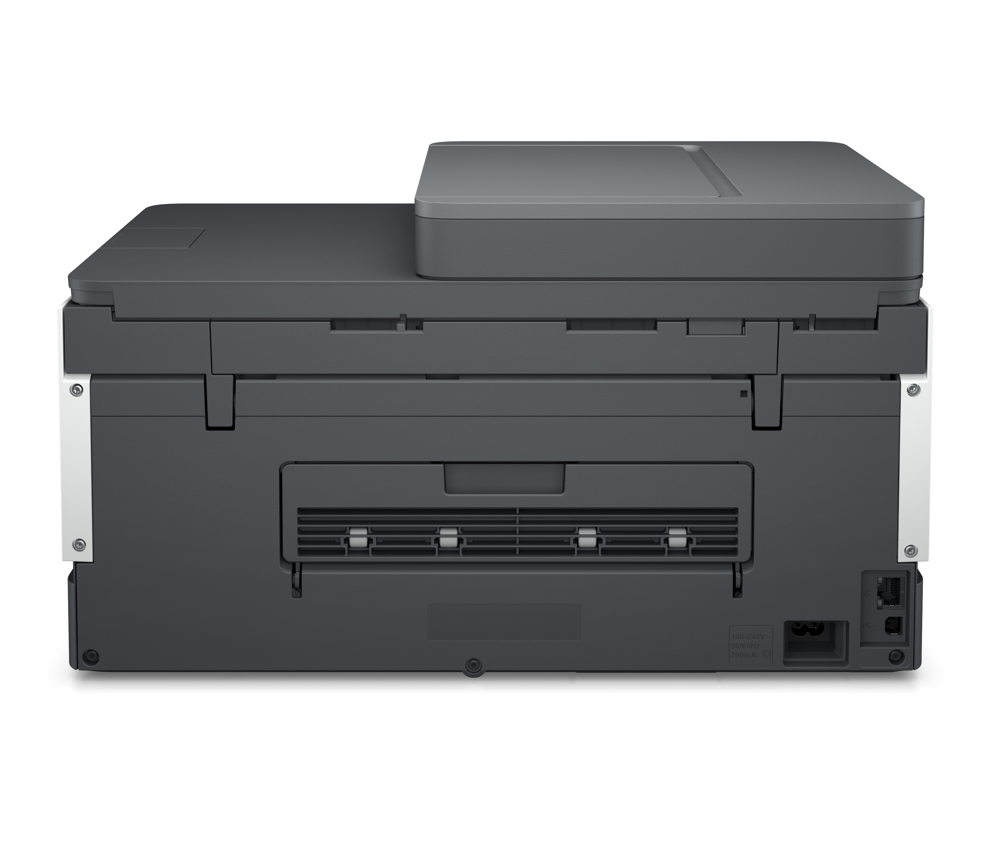 Back of a white and gray printer, showing power and network connection ports.