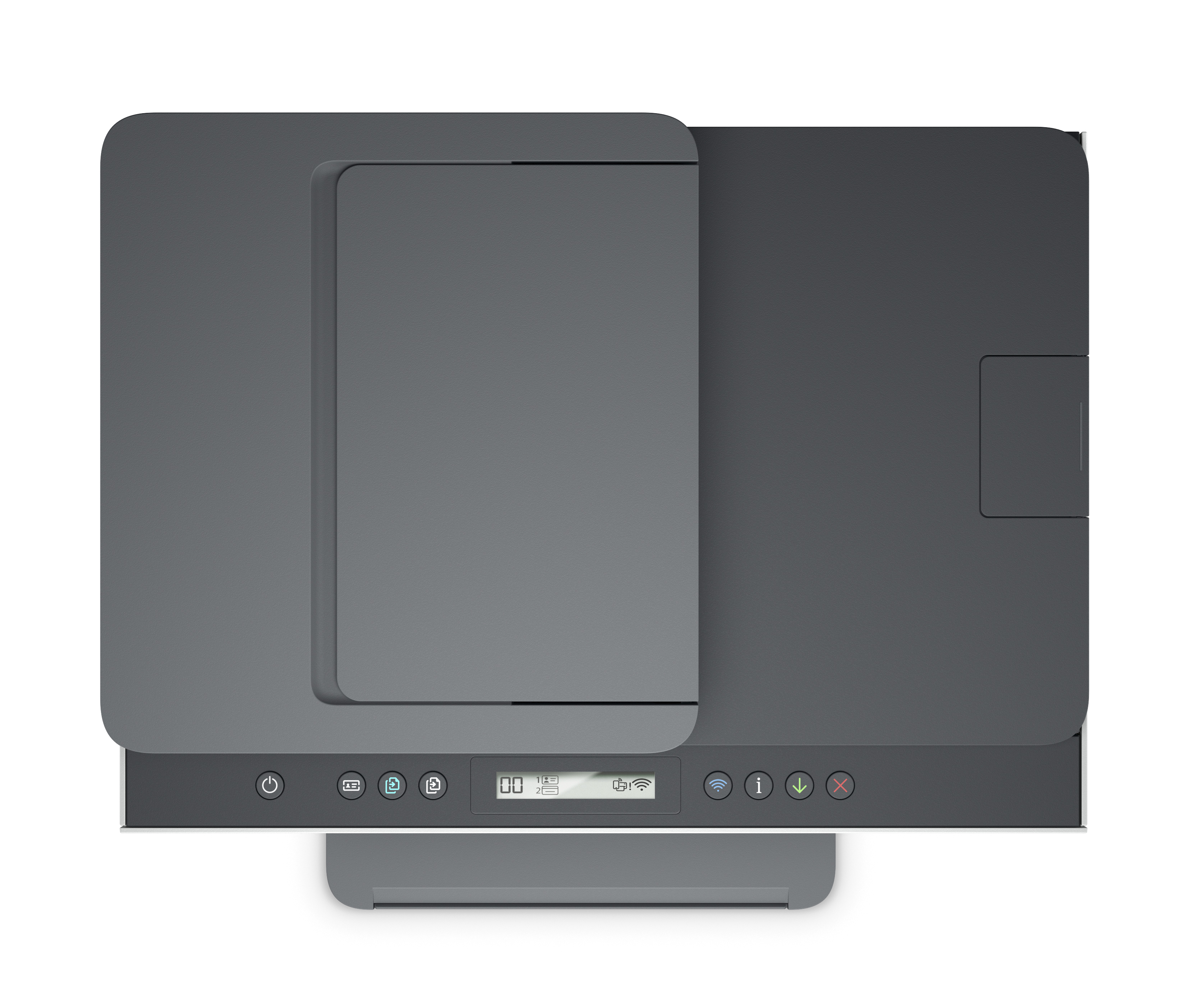 A top-down view of a gray printer with a scanner and control panel on top.