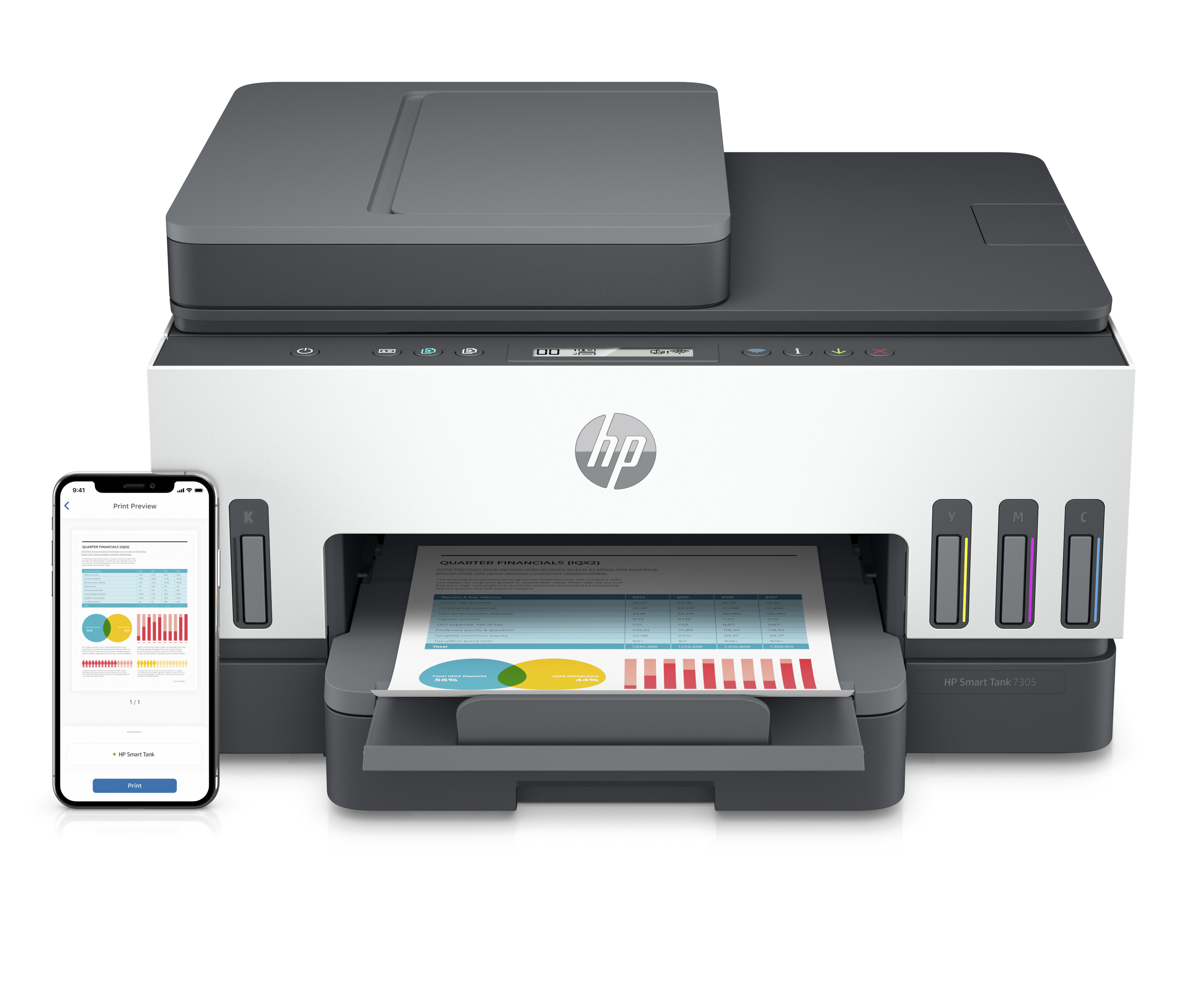 White and gray HP Smart Tank printer. A phone displays a print preview, and a printout is in the tray.