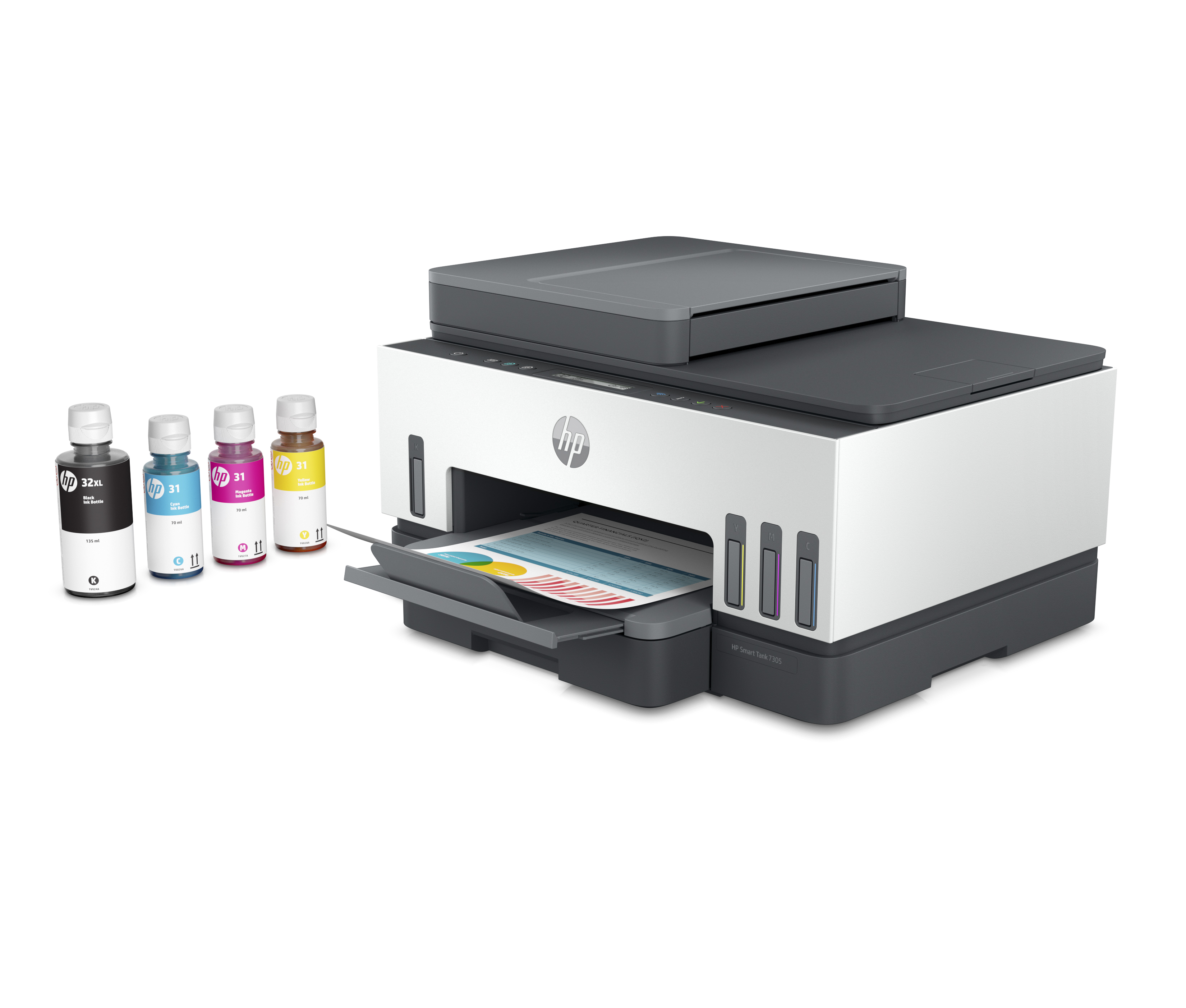 An HP printer with ink bottles. The printer is white and gray, with open paper tray. Inks are in color.