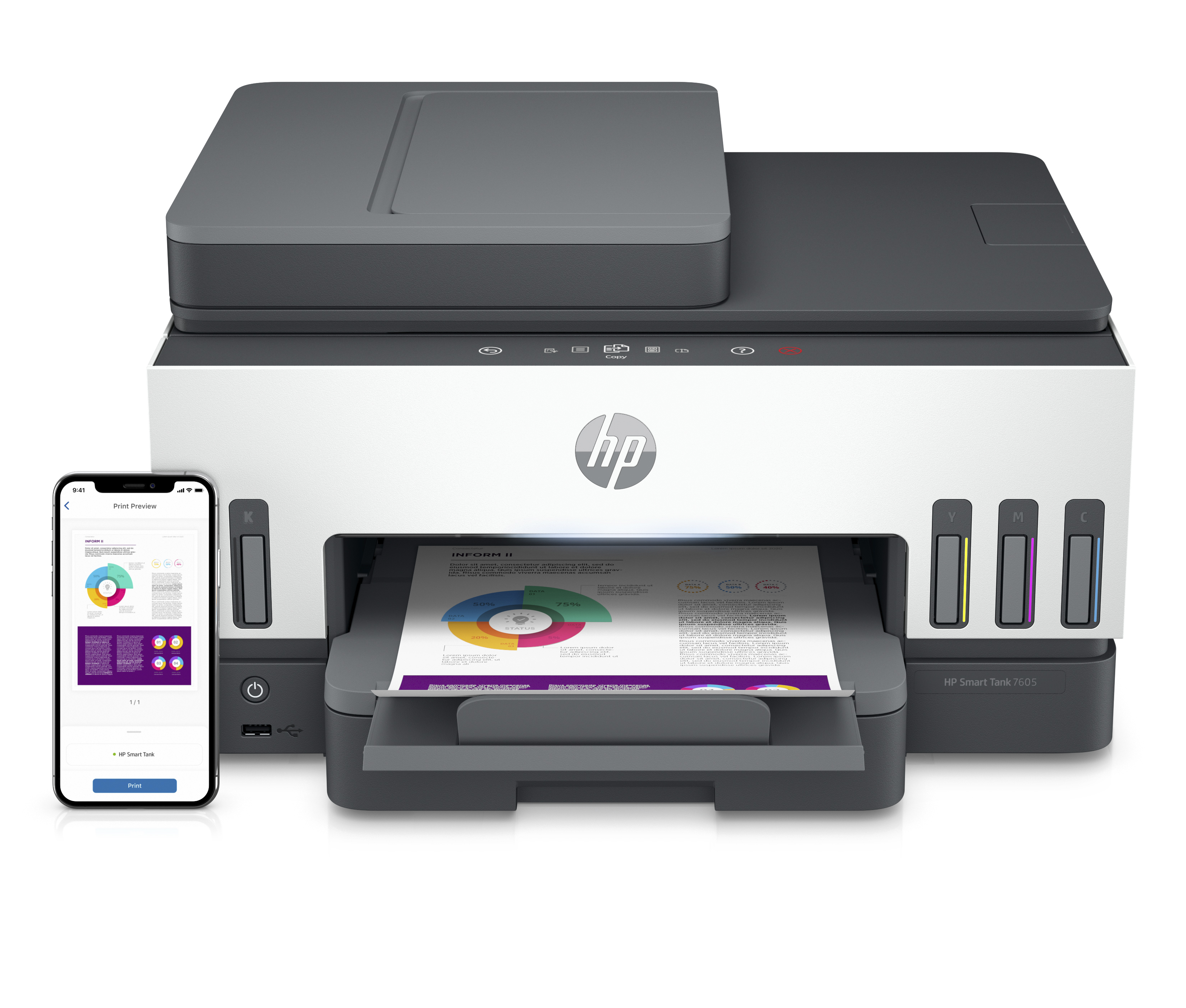 Witte en grijze HP Smart Tank 7605 printer met een smartphone die een afdrukpagina toont.