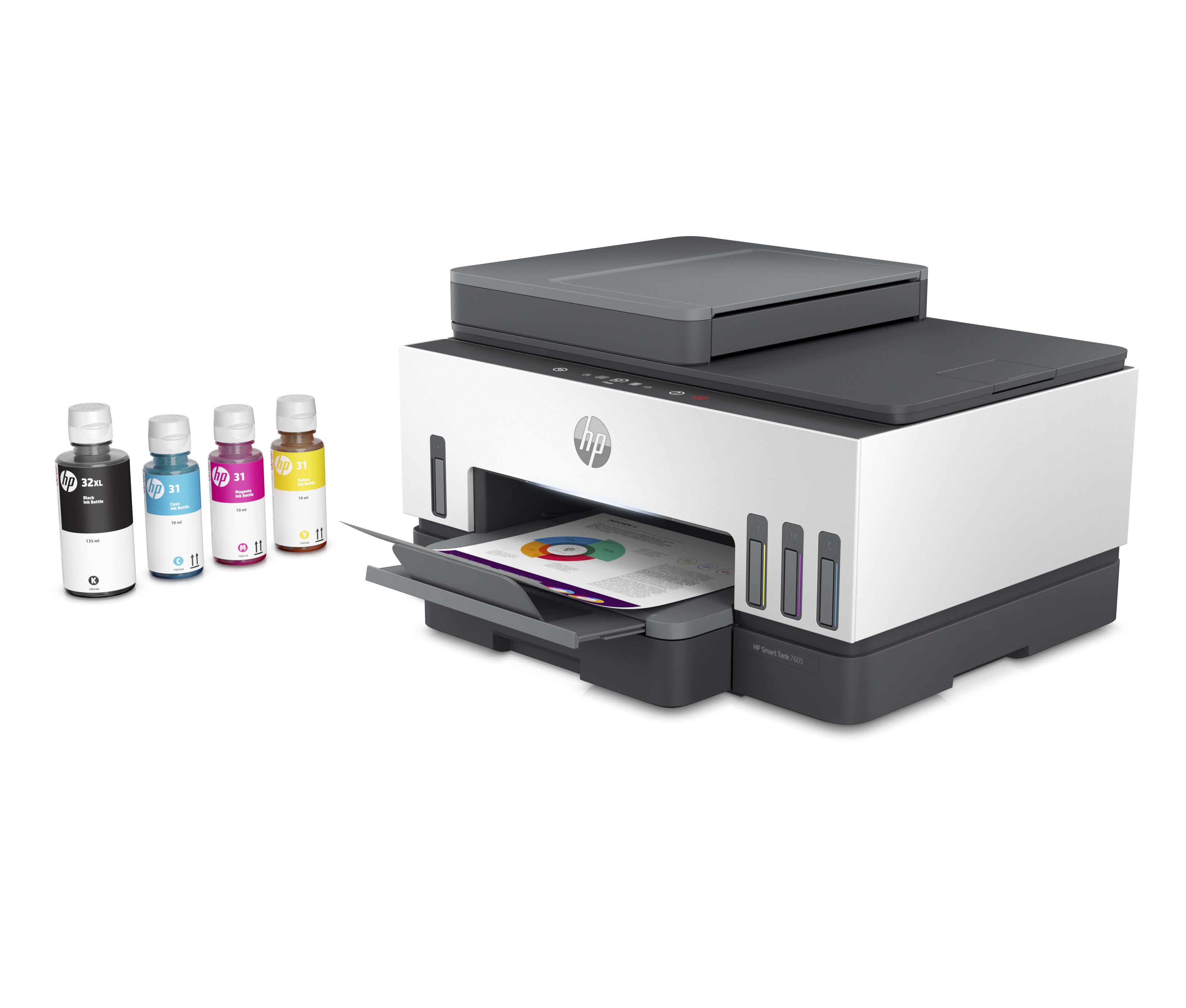 Een printer met inktflessen. De printer is wit en grijs met een open papierlade.
