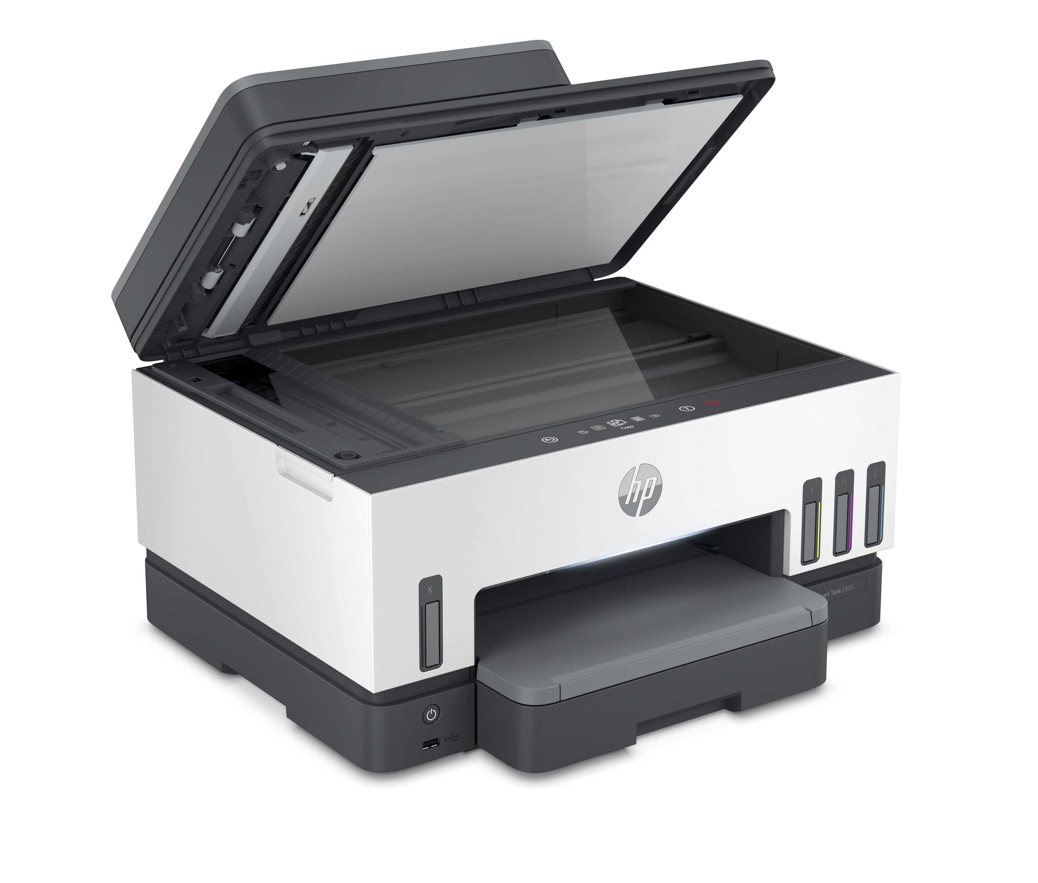 Witte en grijze HP-printer met de bovenkant open, onthult de scanner. Hij heeft inktpatronen aan de zijkant.