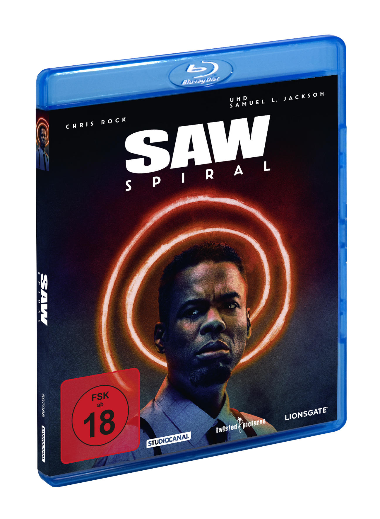 Eine blaue Blu-ray-Hülle mit dem Film „Saw: Spiral“. Der Hintergrund ist schwarz und hat Lichtringe.