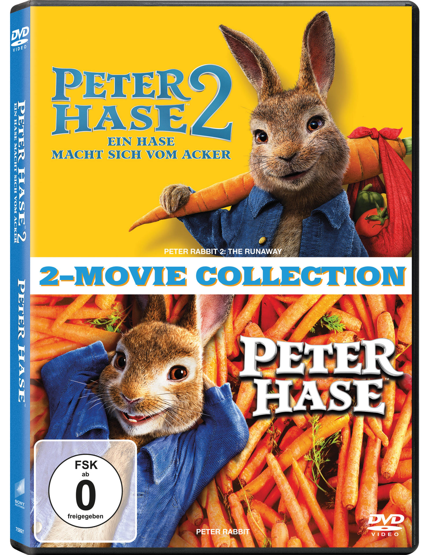 Peter Hase 2 DVD-Cover. Peter Hase hält eine Karotte auf einem Karottenfeld, mit Text und Filmlogo.