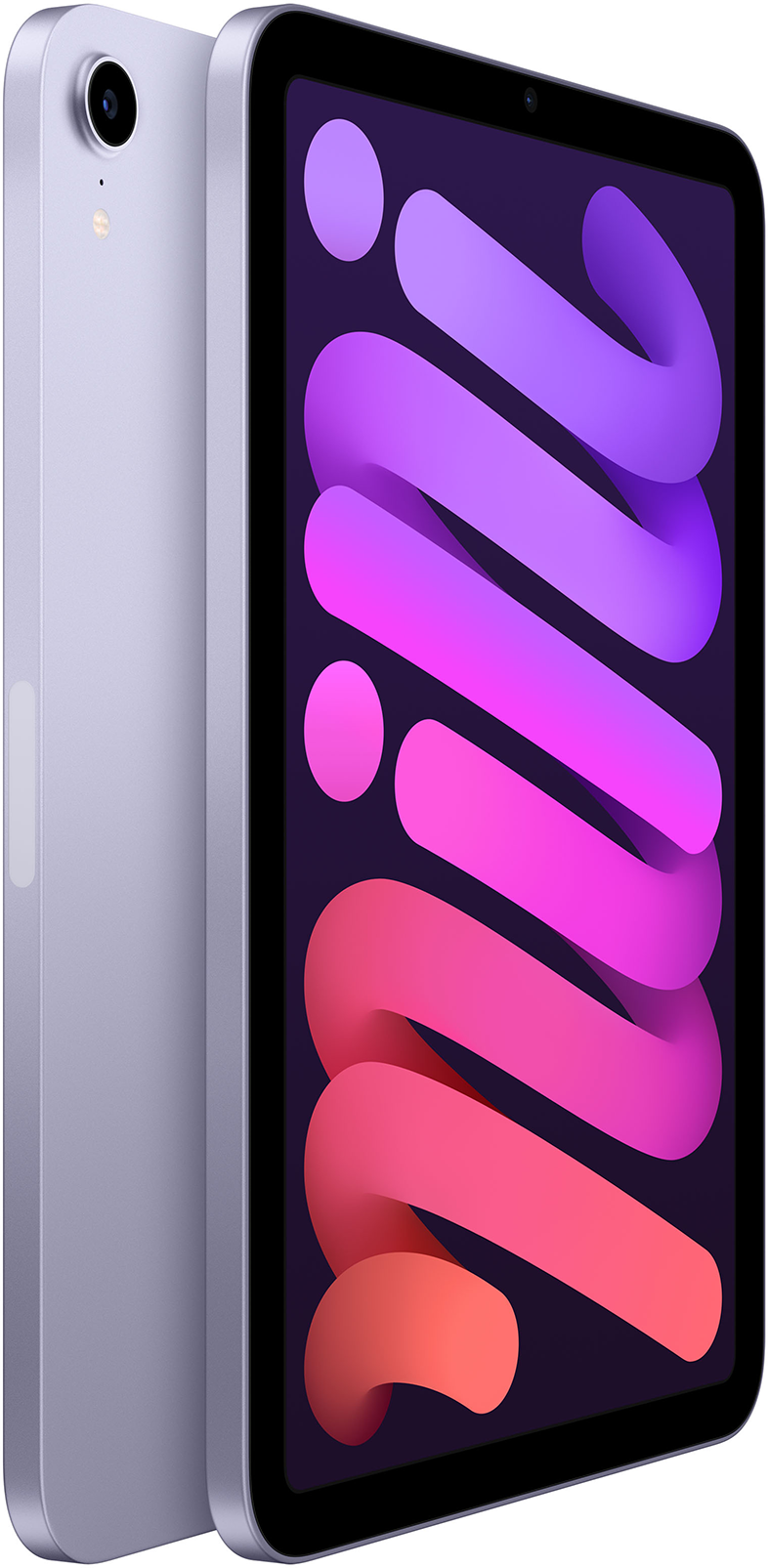 Lila iPad Mini, oldalnézet. A kijelző egy színes, hullámos dizájnt mutat. Fehér háttér.