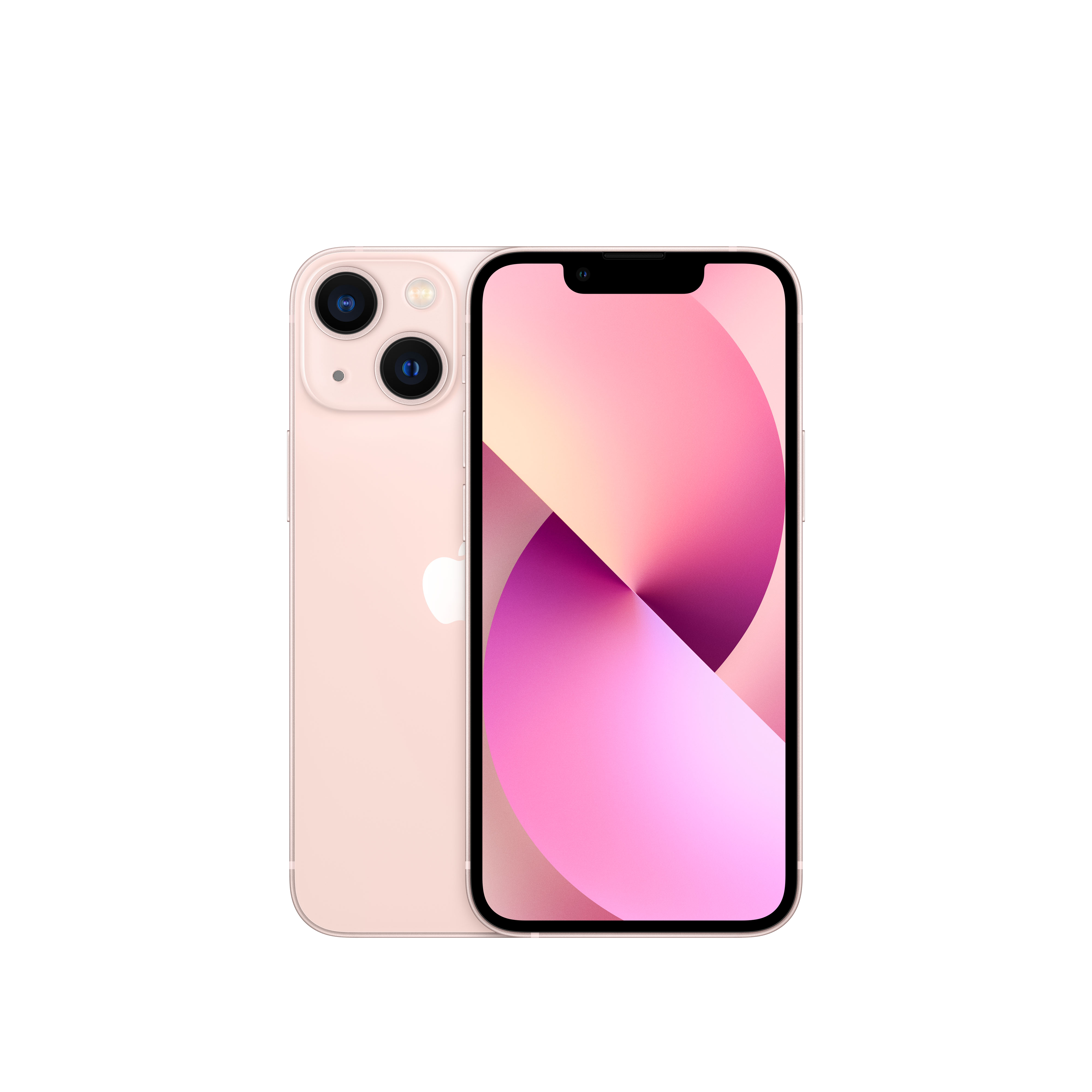 Dos iPhones, uno rosa y otro con pantalla rosa, sobre un fondo negro.