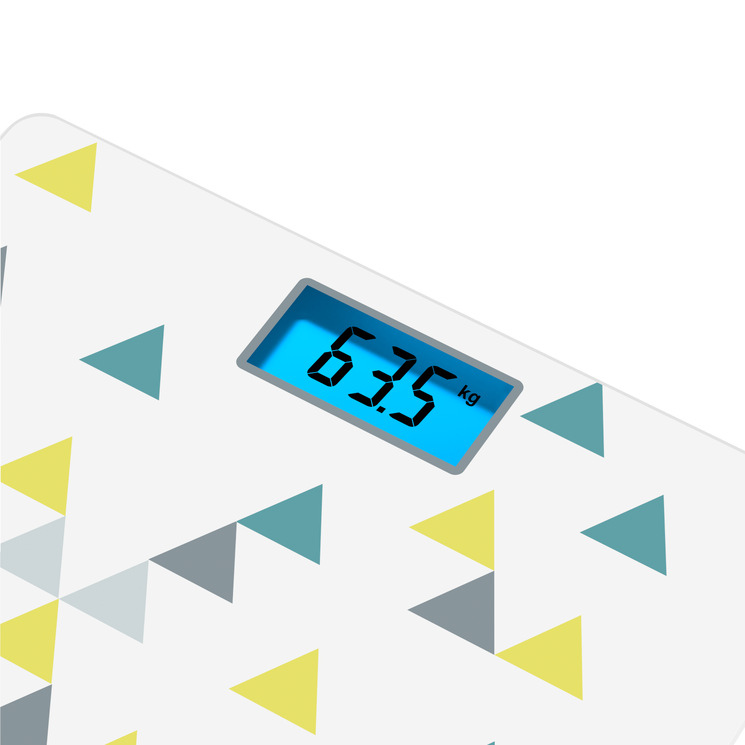 Egy digitális mérleg, amely 63,5 kg-ot mutat. Sárga, türkiz és szürke háromszögek alkotják a hátteret.