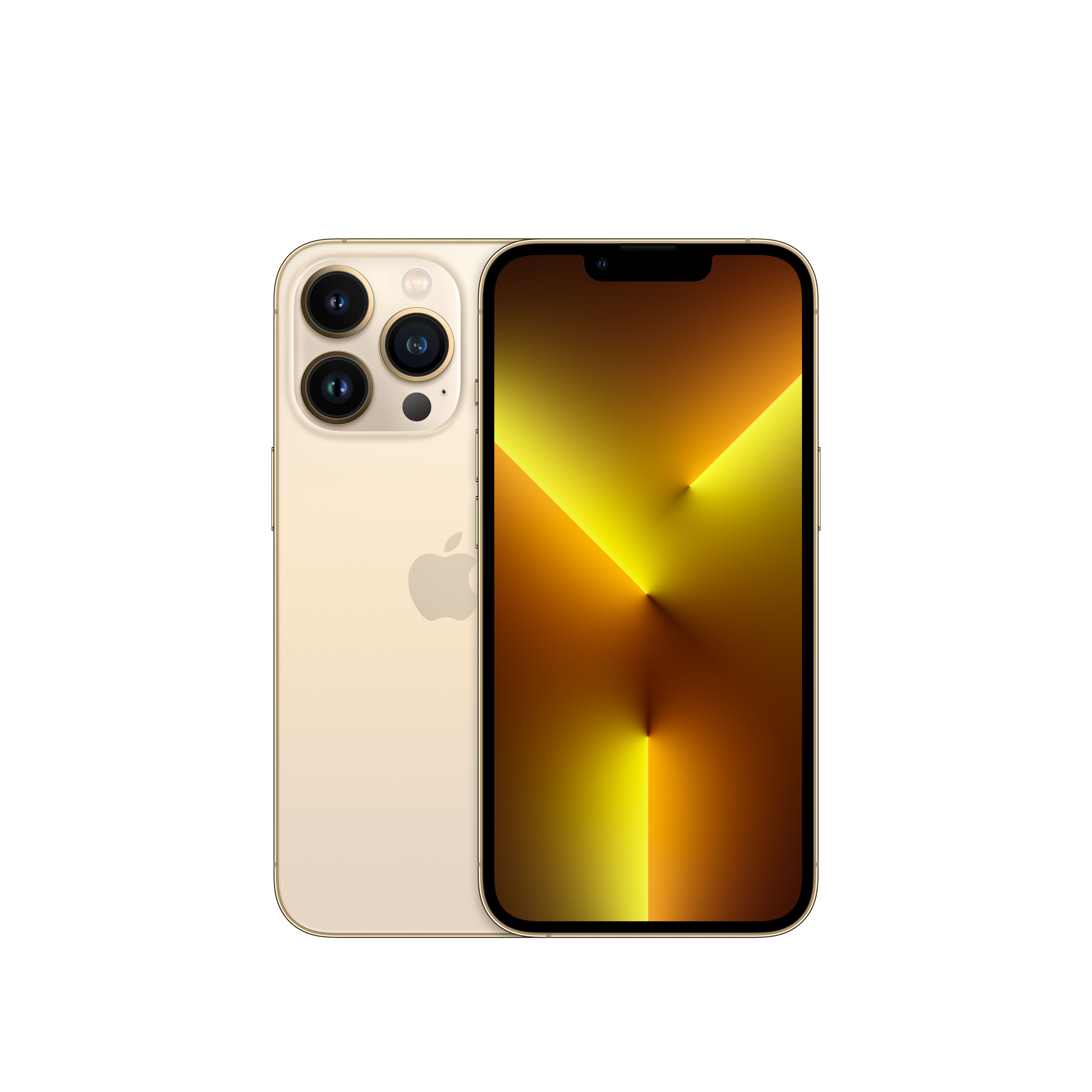 iPhone 13 Pro dorado. La parte trasera muestra lentes. Pantalla con diseño amarillo/naranja.