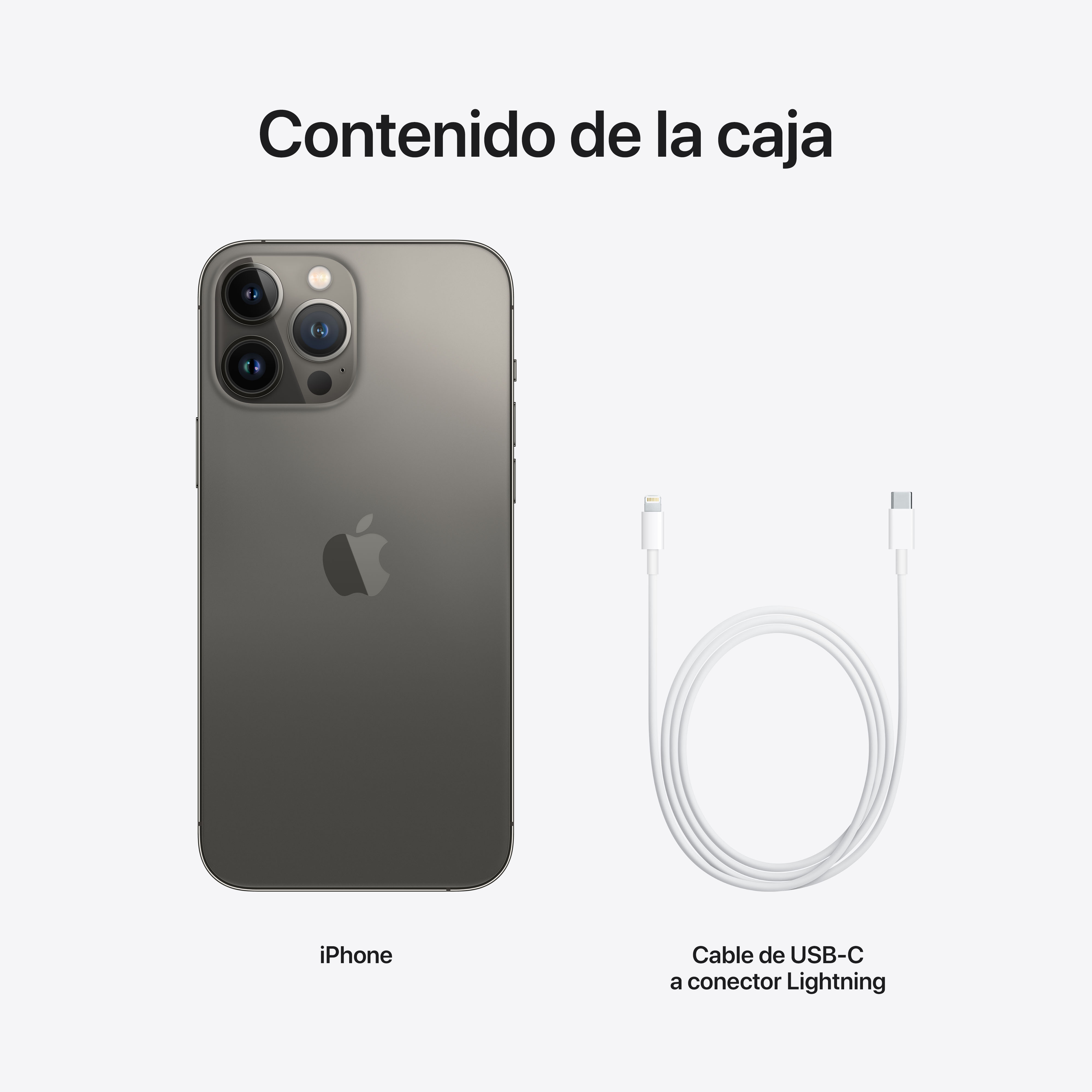 Imagen de iPhone y cable. El texto dice 'Contenido de la caja'. El iPhone es gris oscuro, el cable es blanco.