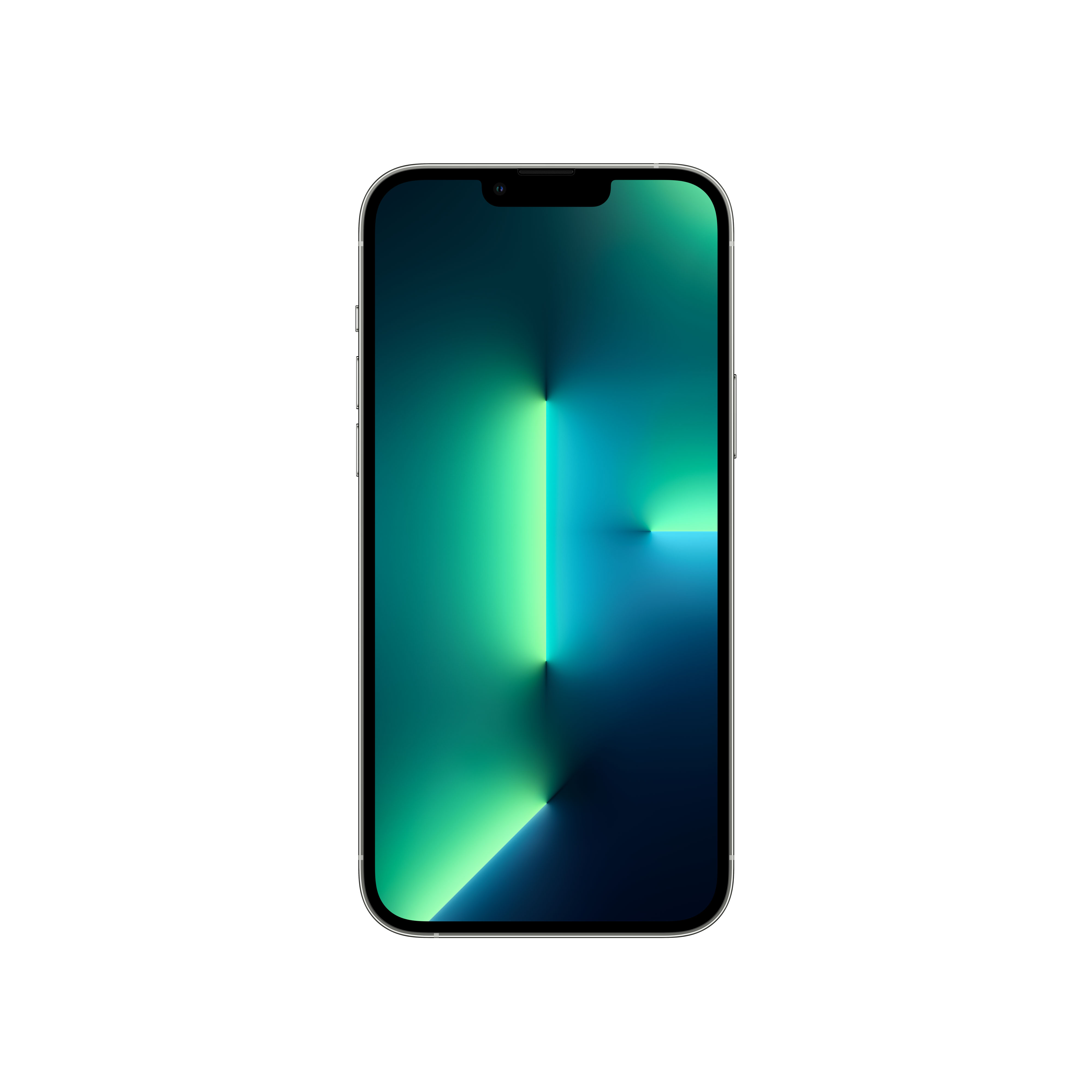 iPhone 13 Pro negro con pantalla degradada verde y azul sobre fondo blanco.
