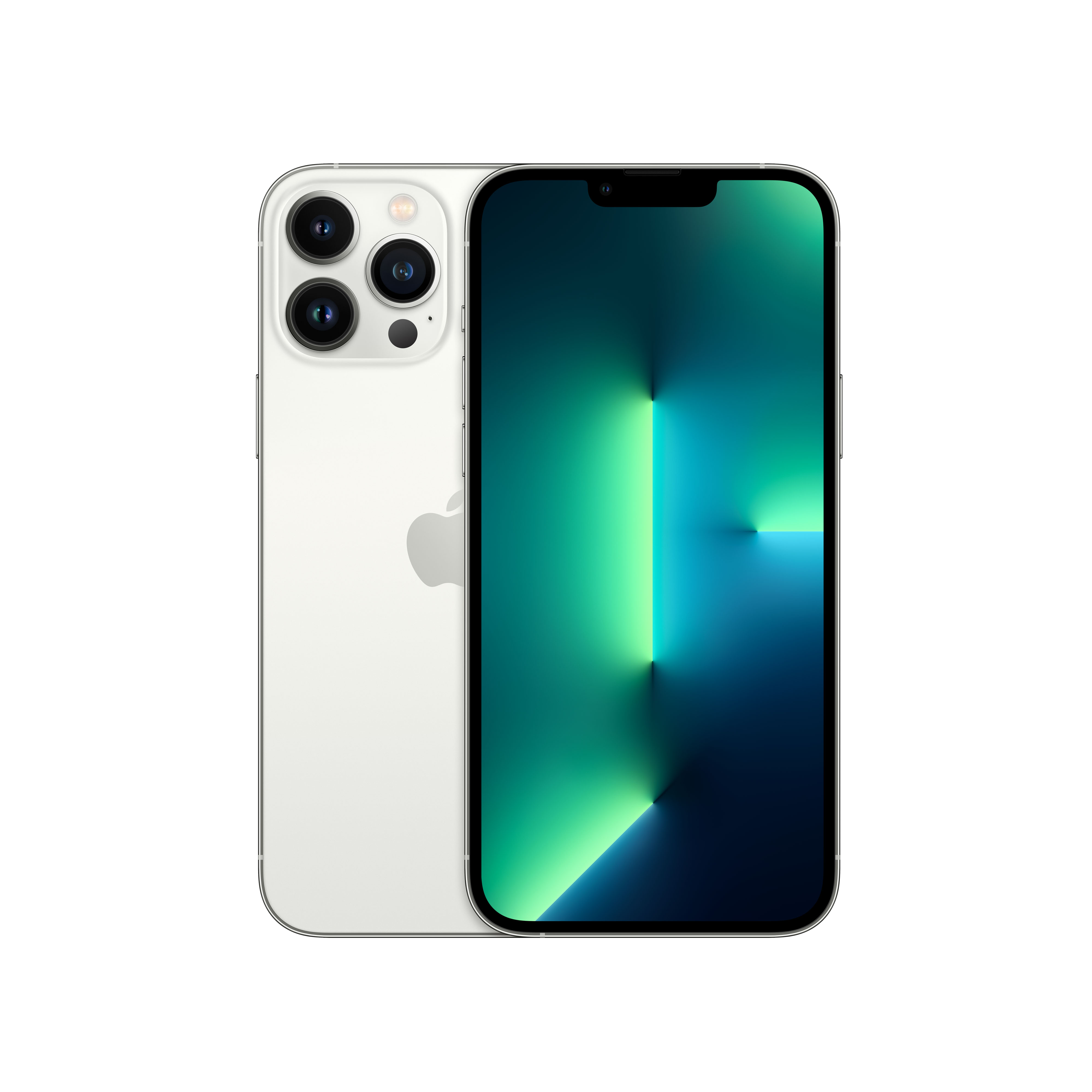 Un iPhone 13 Pro blanco. La pantalla muestra un degradado verde y verde azulado.