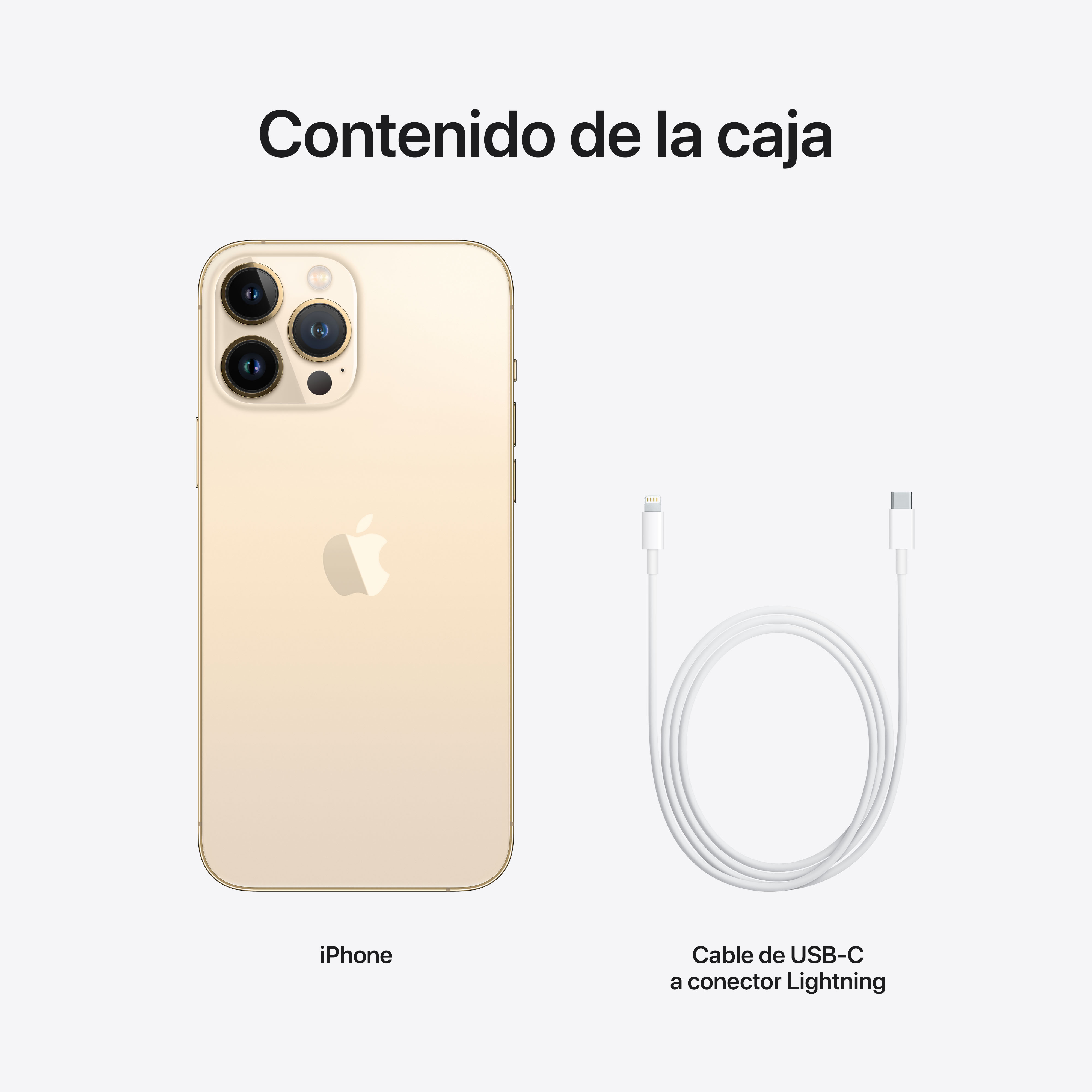 iPhone dorado y cable USB-C a Lightning blanco sobre fondo blanco. Contenido de la caja: iPhone y cable.