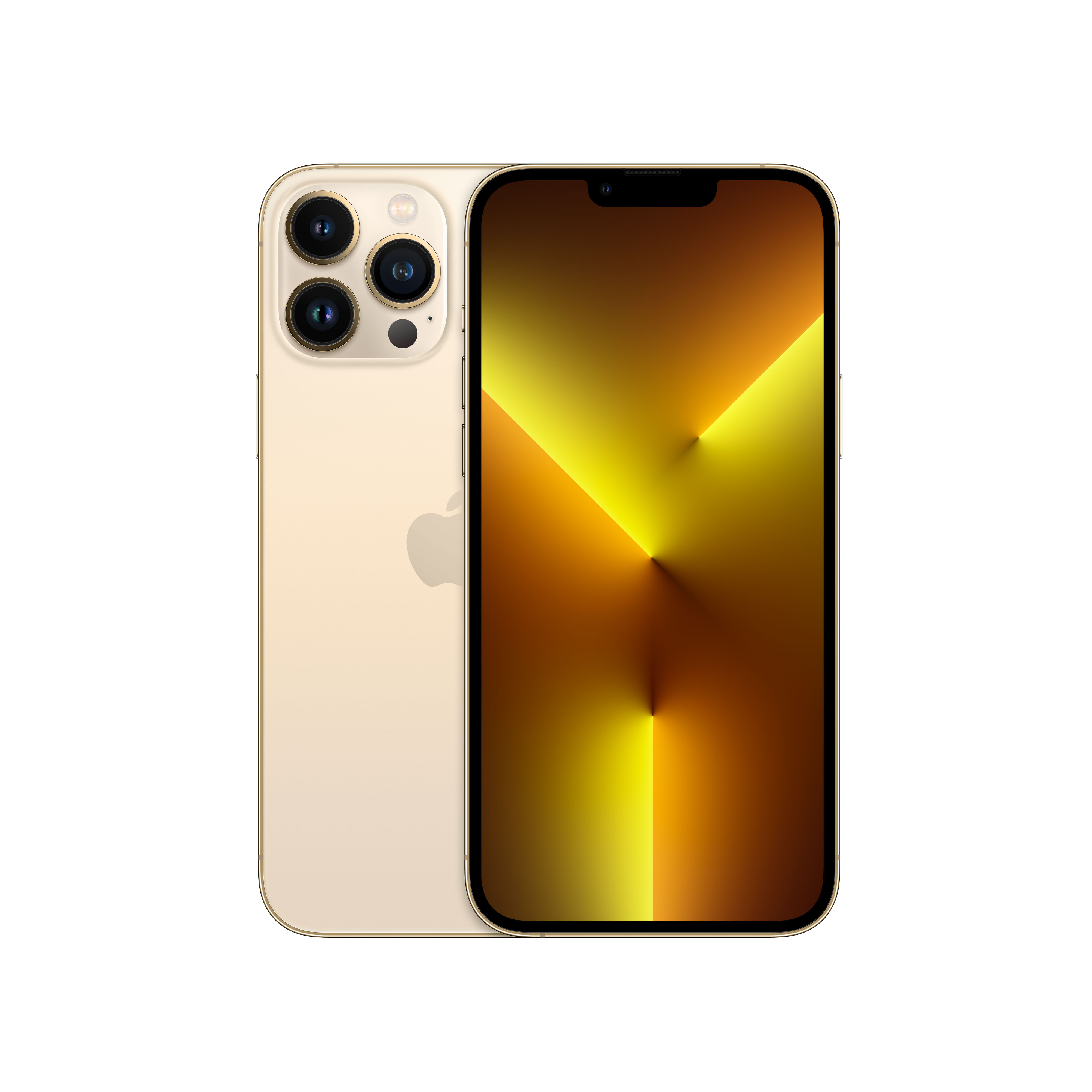 iPhone 14 Pro dorado con tres cámaras en la parte trasera. La pantalla muestra un degradado amarillo.
