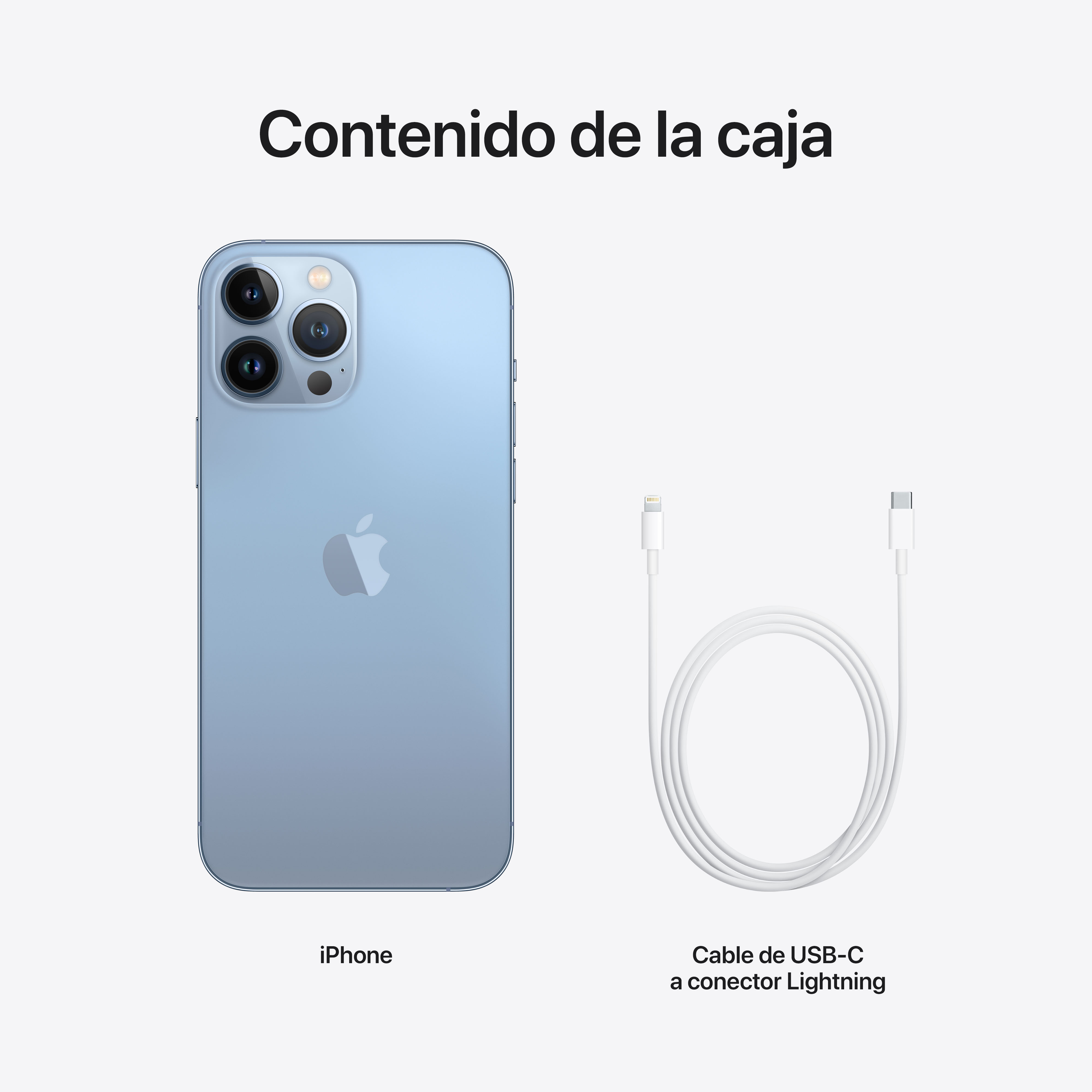 iPhone azul y cable USB-C en una caja blanca, el texto dice 'Contenido de la caja'.