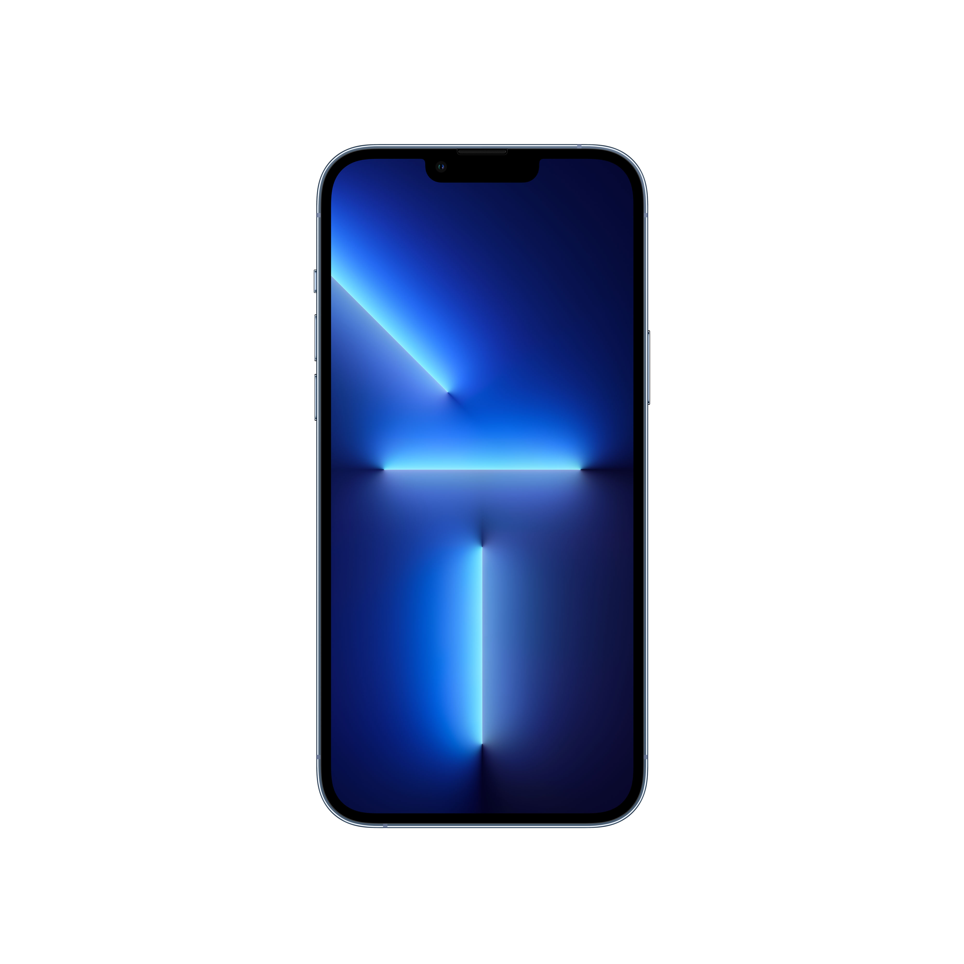 Un teléfono azul que muestra un diseño de luz azul sobre un fondo blanco. Es un smartphone moderno.
