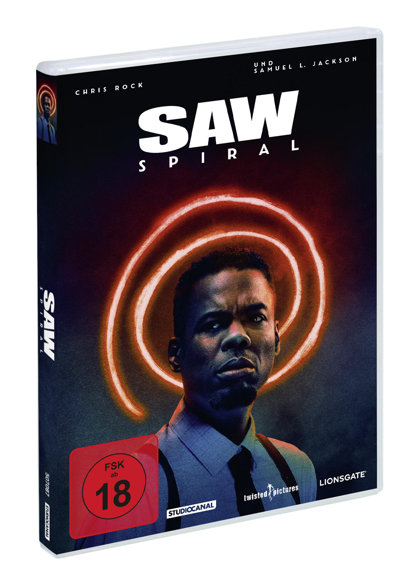 DVD-Cover: Chris Rock in Saw Spiral. Chris Rocks Gesicht auf dem Cover. Roter und schwarzer Hintergrund.