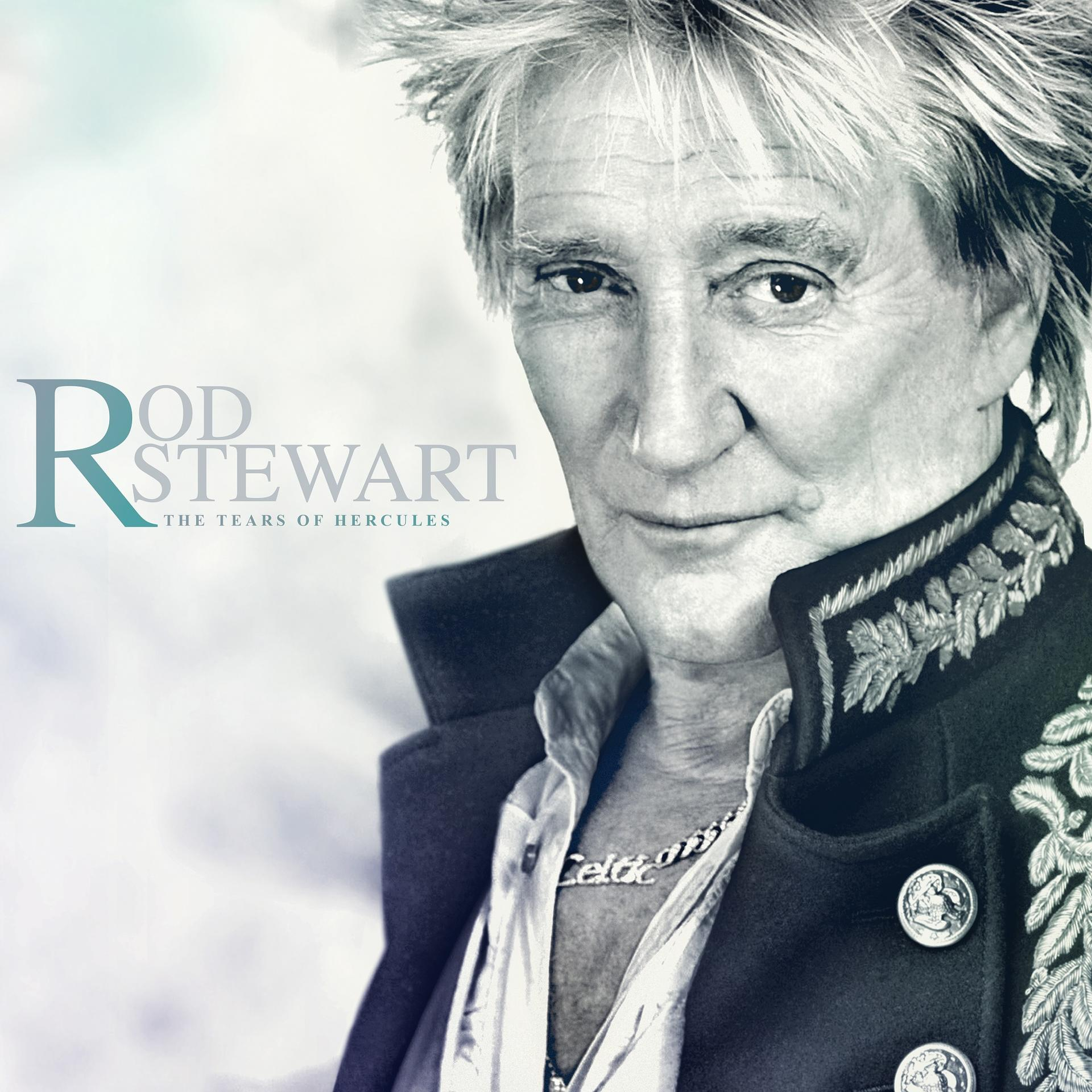 Rod Stewart Albumcover. Er schaut den Betrachter an. Der Titel des Albums lautet 'The Tears of Hercules'.