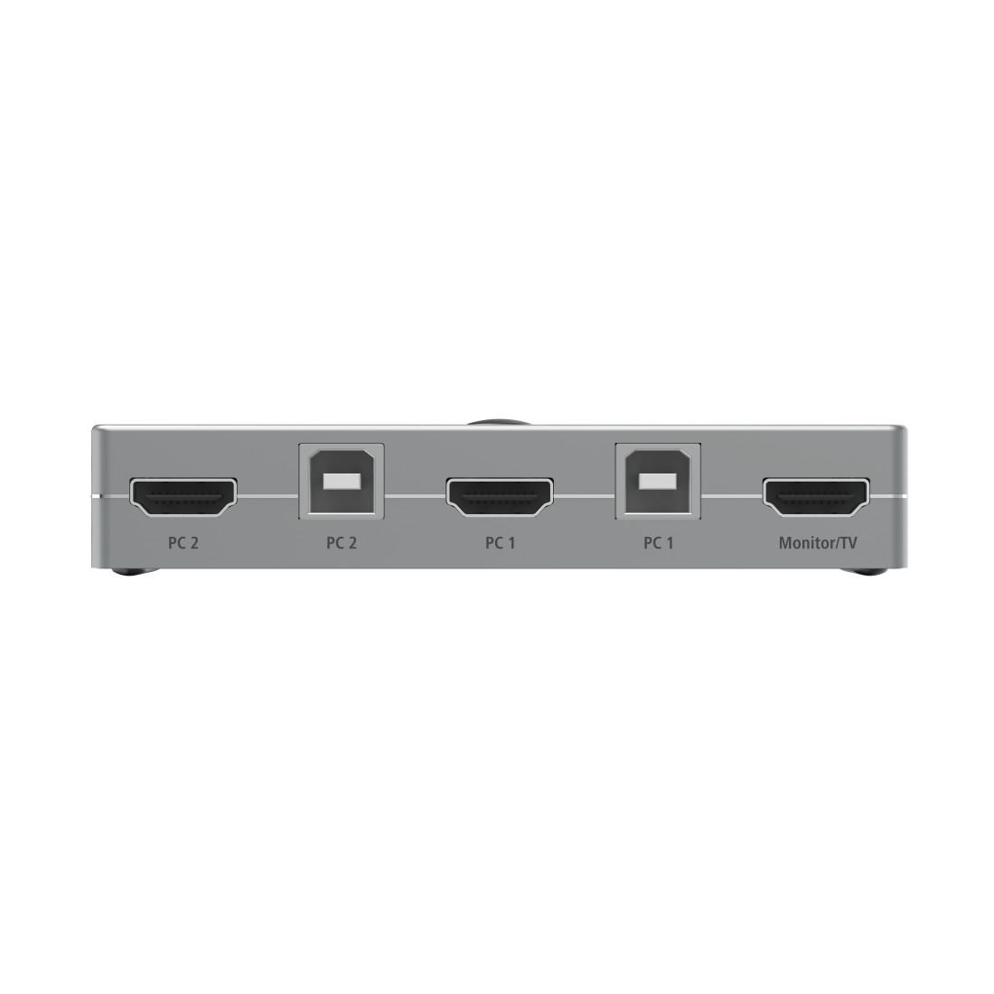 HDMI-Switch mit beschrifteten Anschlüssen. Weißer Hintergrund.