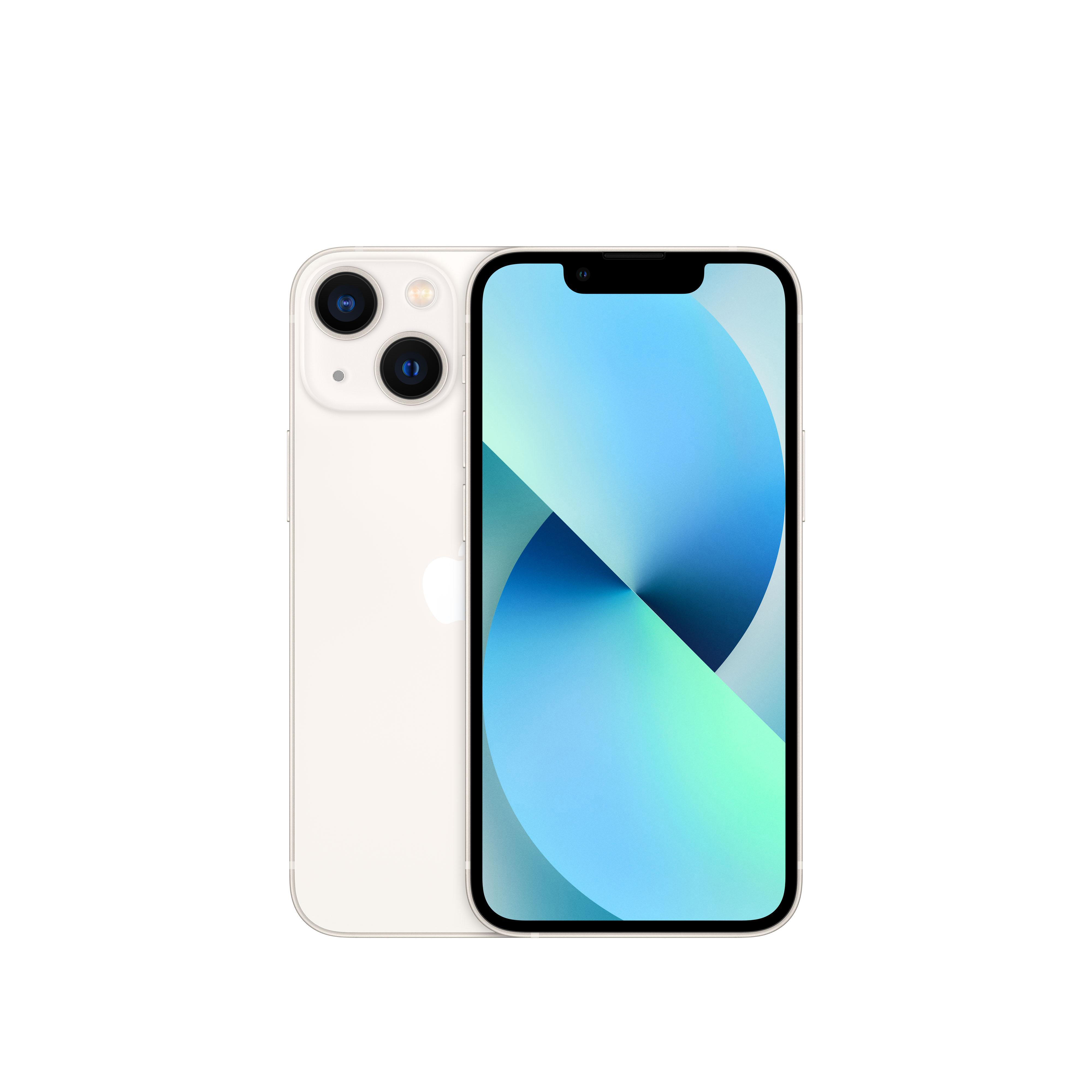 Ein weißes iPhone 13, das die Rückseite und den Frontbildschirm zeigt.