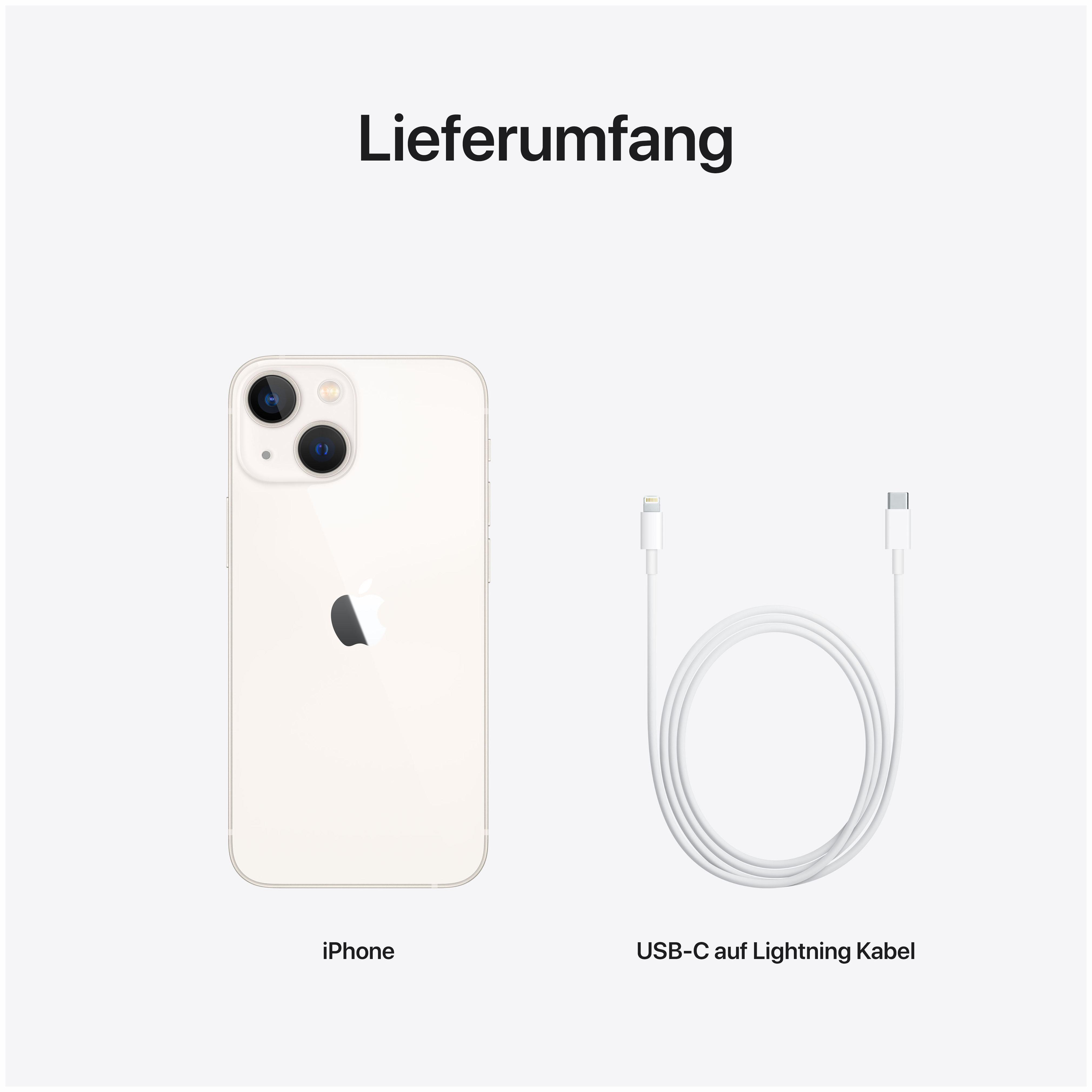 Ein iPhone mit einem USB-C-zu-Lightning-Kabel, beide weiß, auf weißem Hintergrund.