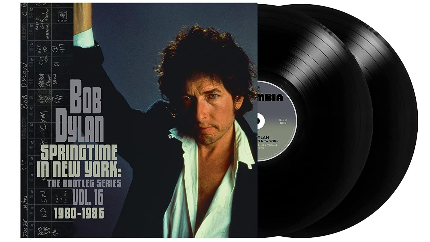 Bob Dylan Albumcover mit Album-Artwork und Vinyl-Schallplatten.