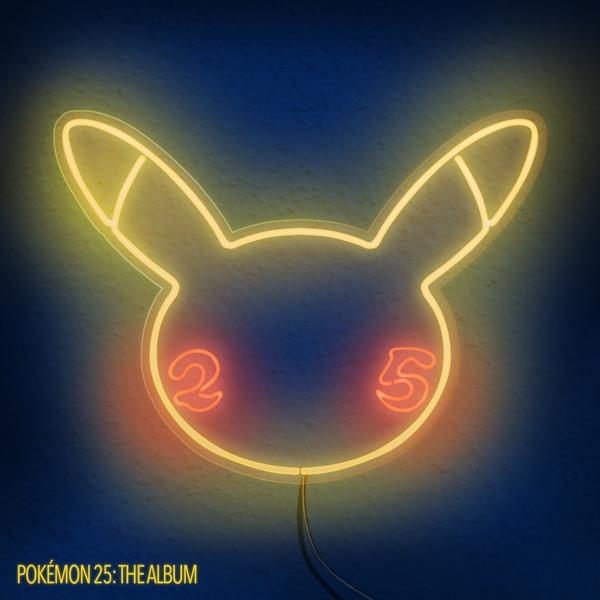 Enseigne au néon du visage de Pikachu avec les chiffres 2 et 5. Fond bleu.