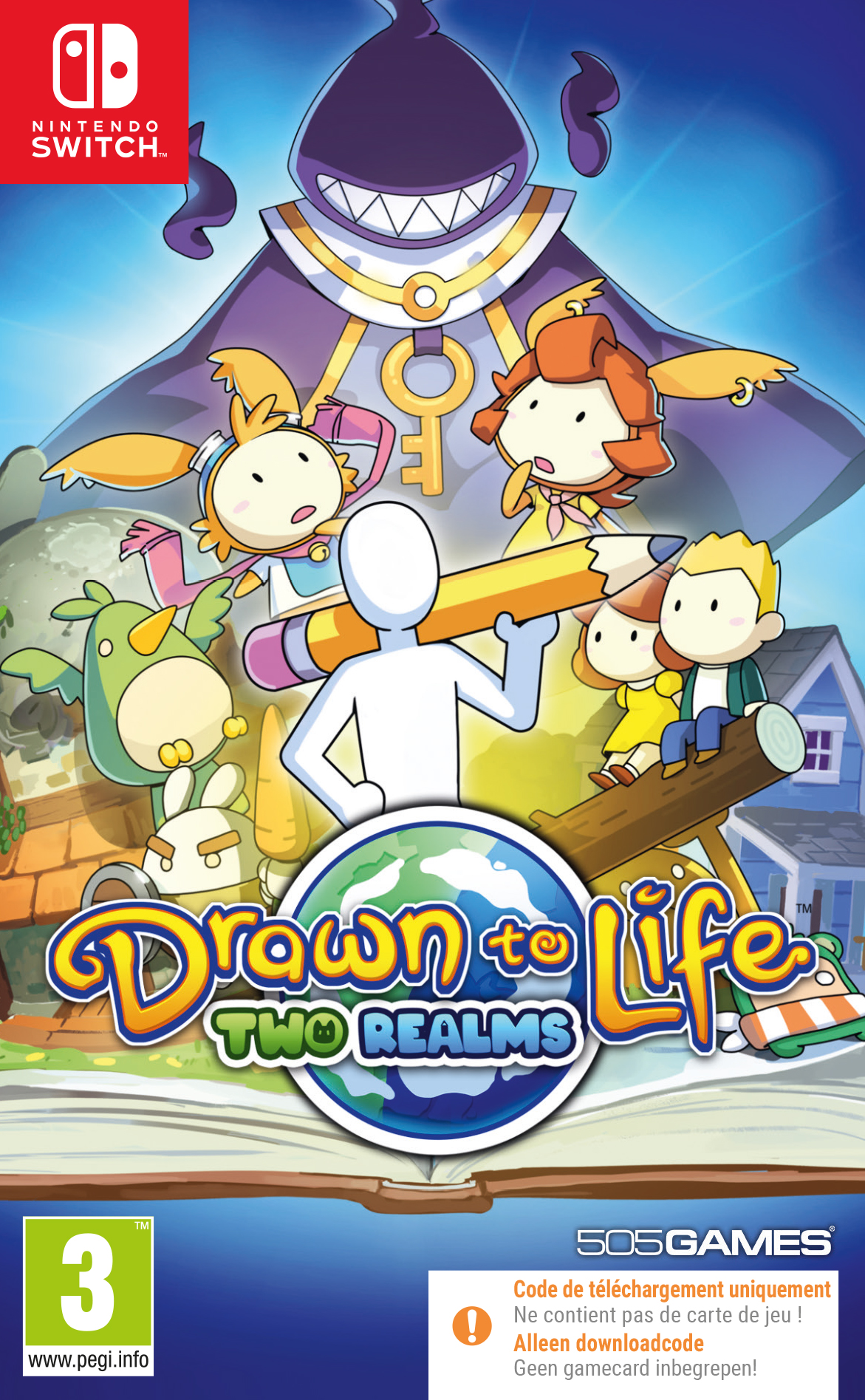 Drawn to Life: Two Realms game cover met karakters en een gestileerde wereld.
