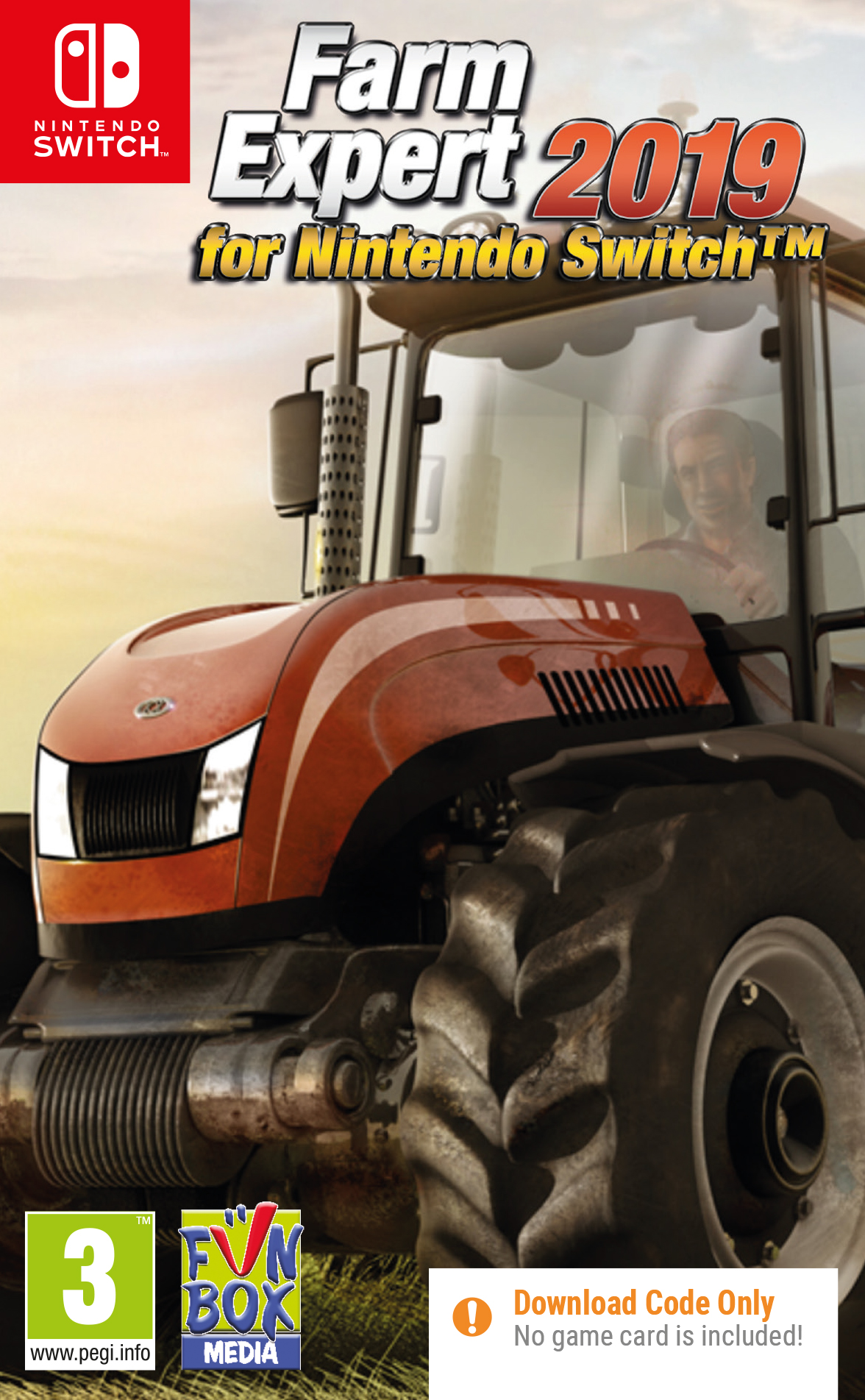 Farm Expert 2019 voor Nintendo Switch game cover. Een rode tractor staat op de voorgrond.