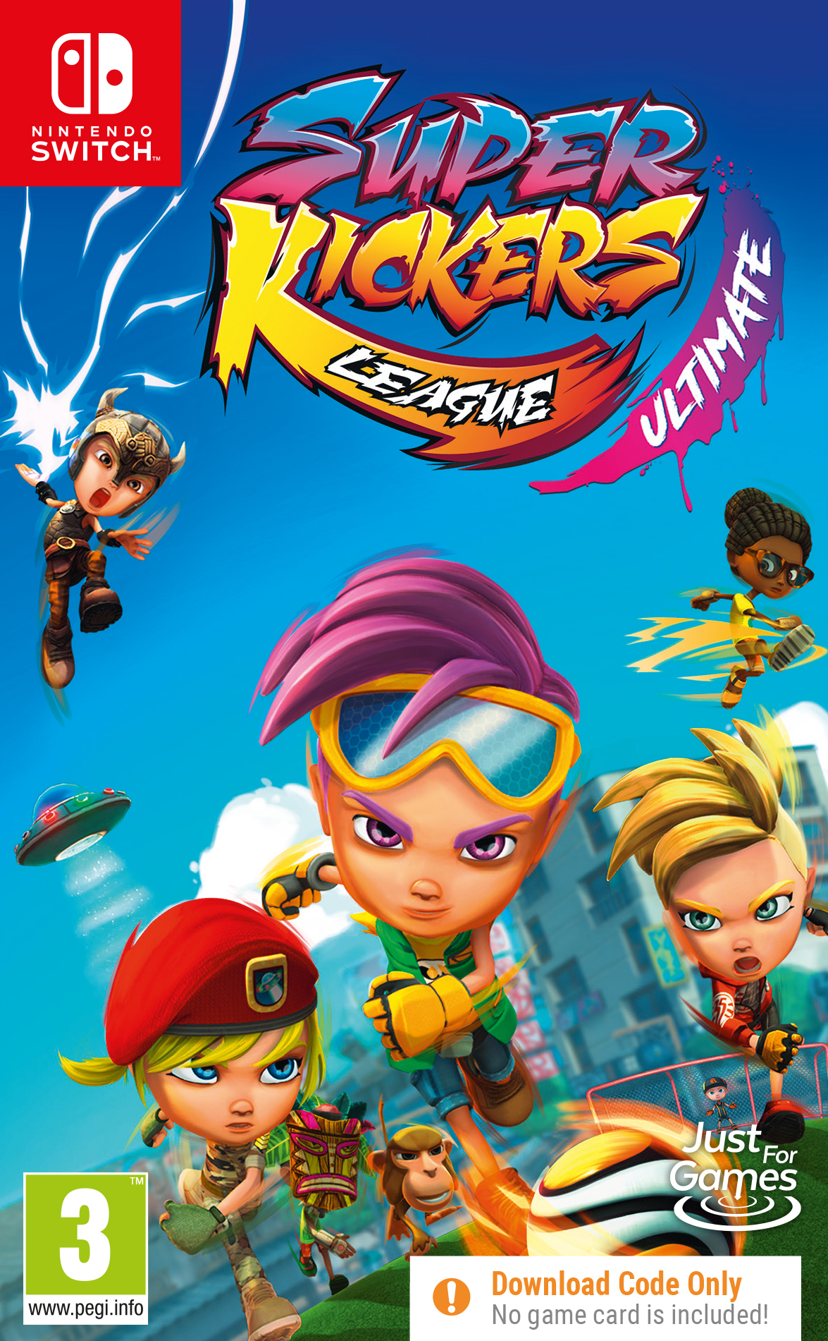 Gamecover: stripfiguren die voetballen, titel: Super Kickers League Ultimate.