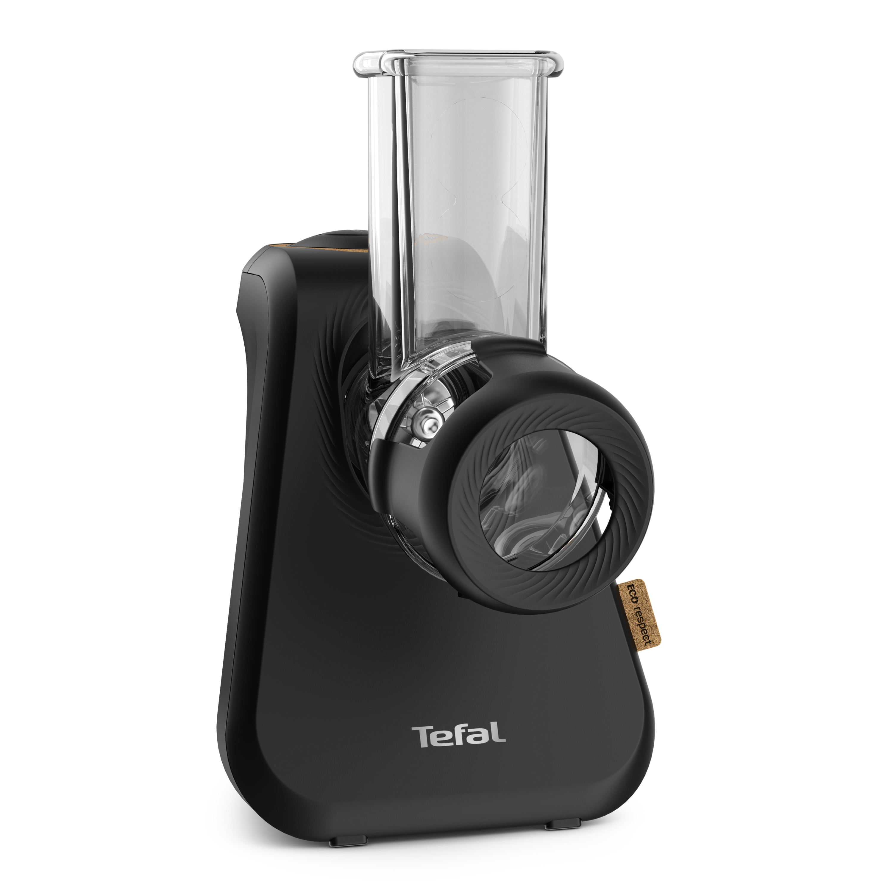 Eine schwarze Küchenmaschine mit transparentem Behälter oben. Die Marke Tefal ist sichtbar.