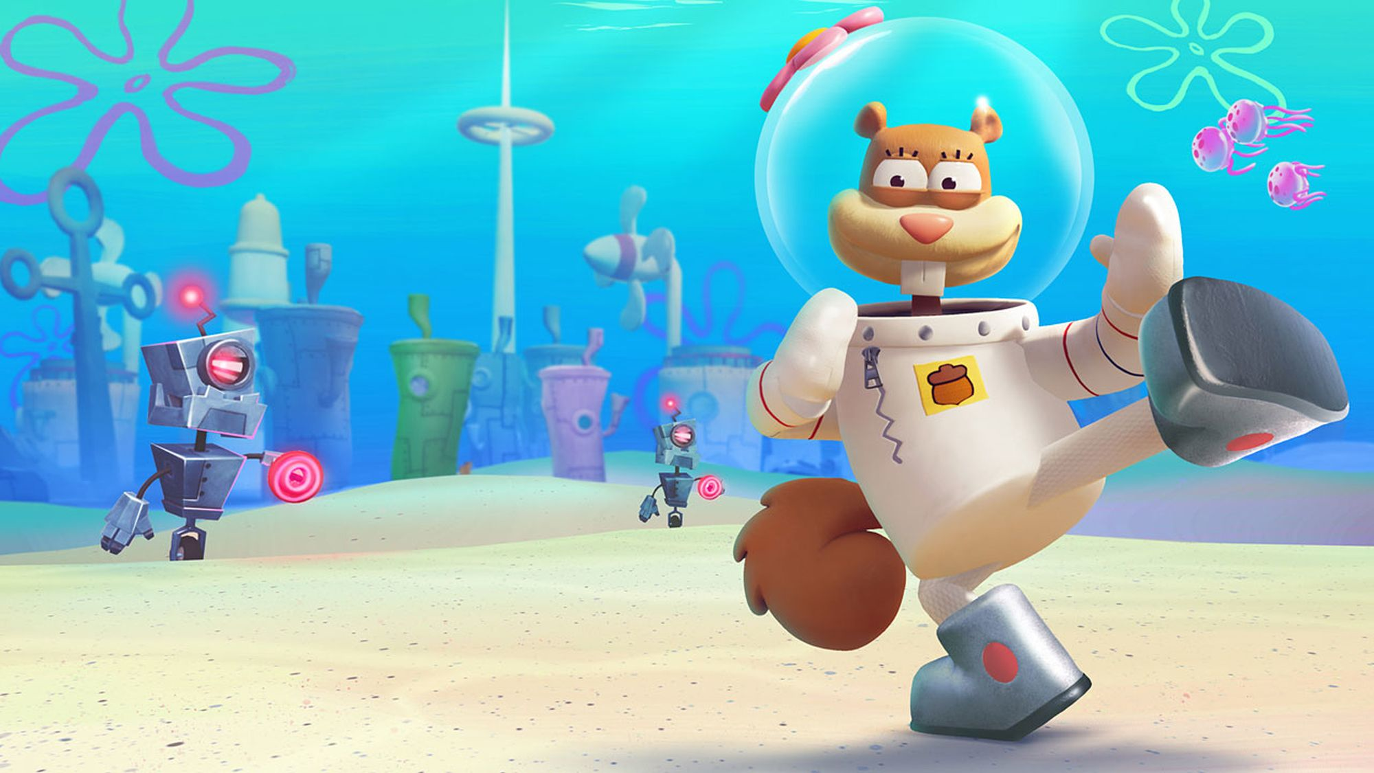 Sandy Cheeks im Raumanzug tritt in einer Unterwasserszene mit Robotern und Blasen. Cartoon, helle Farben.