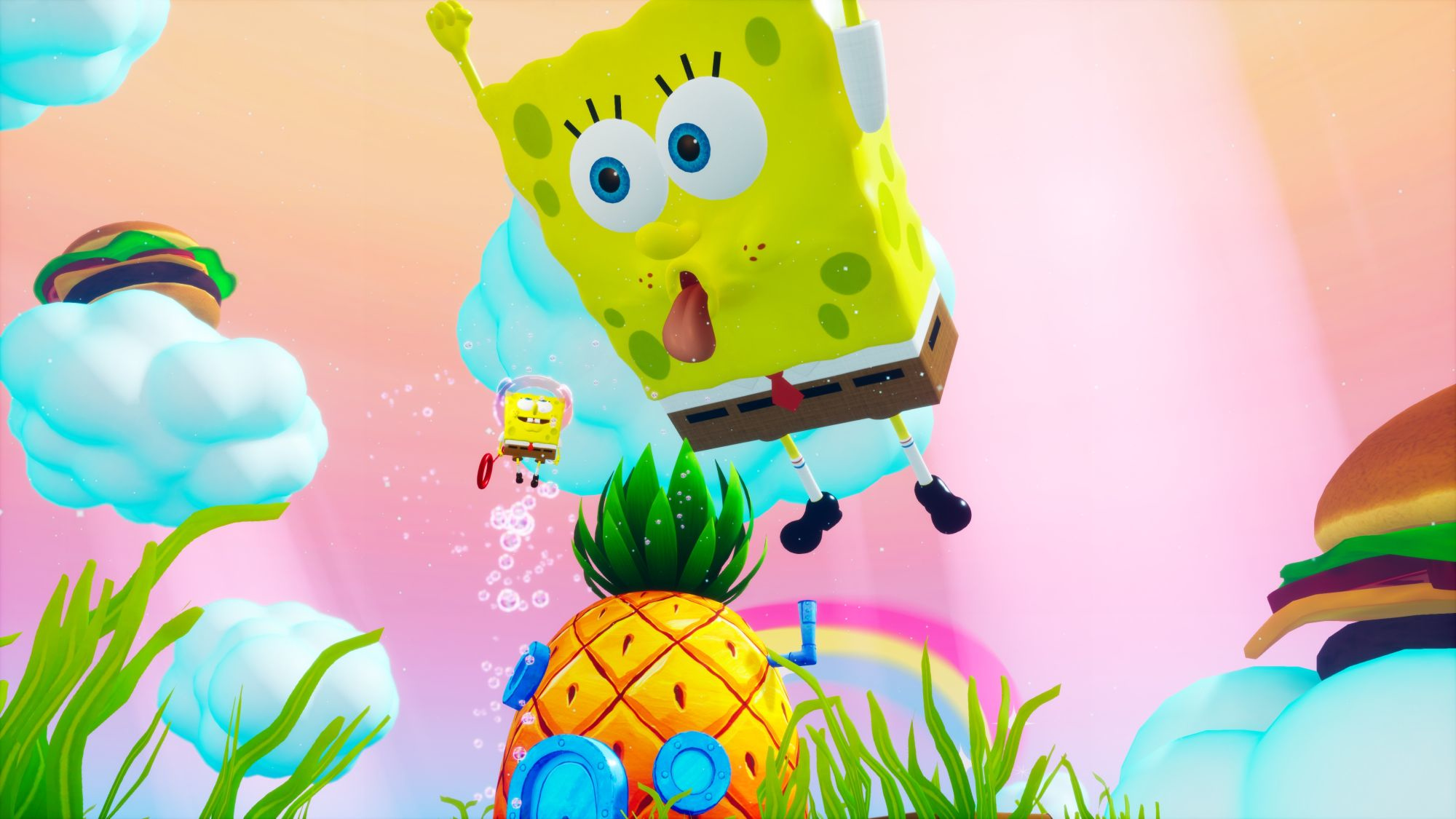 SpongeBob und Patrick fliegen in einem bunten Himmel mit einem Ananas-Haus.