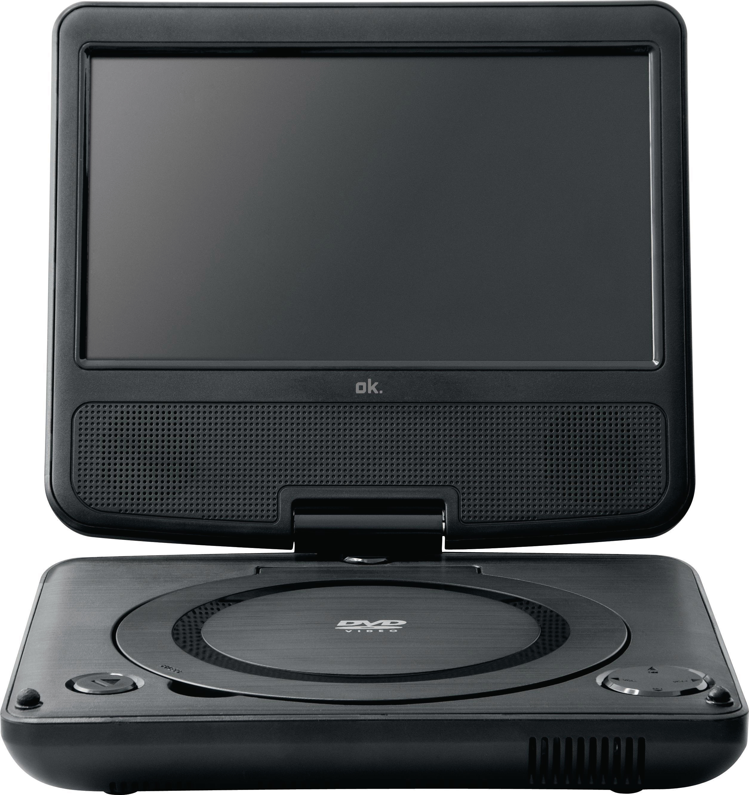 Schwarzer tragbarer DVD-Player mit Bildschirm und Knöpfen. Marke 'ok.' sichtbar.