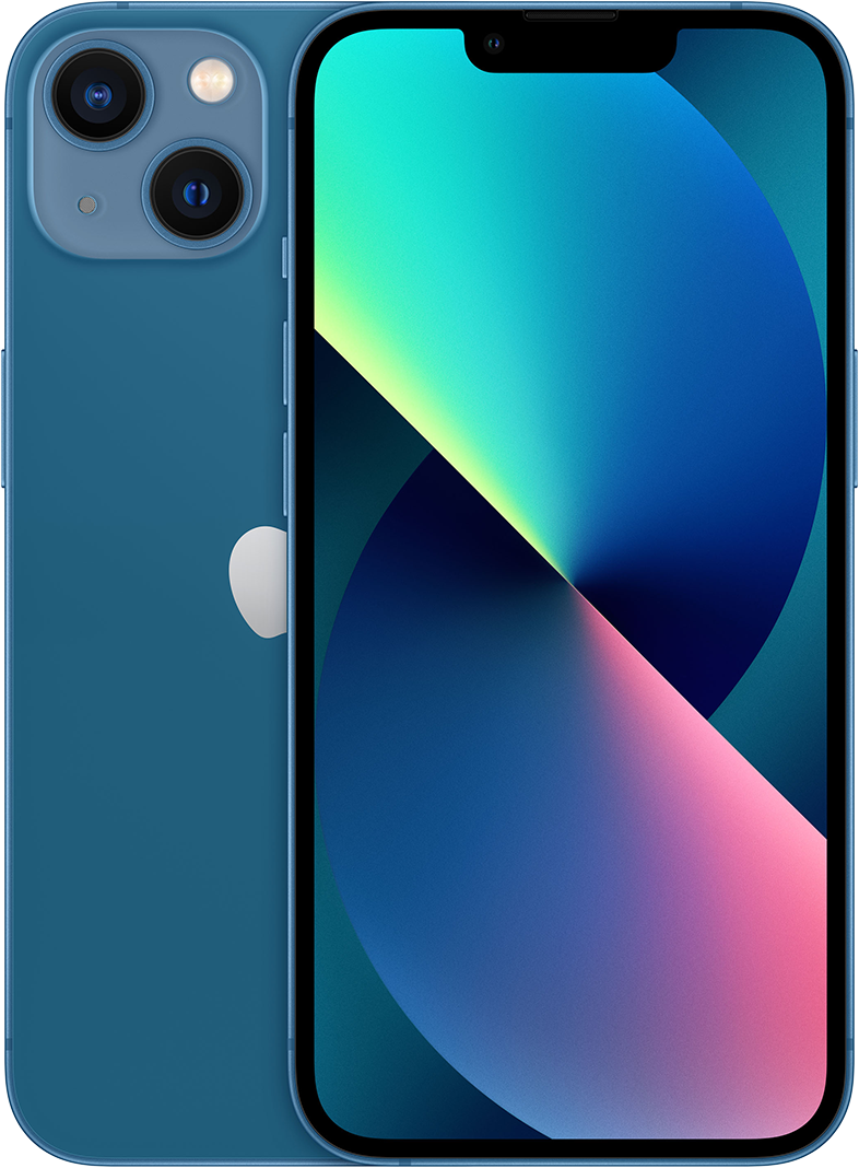 Egy kék iPhone 13 két kamerával és kék/rózsaszín képernyővel.