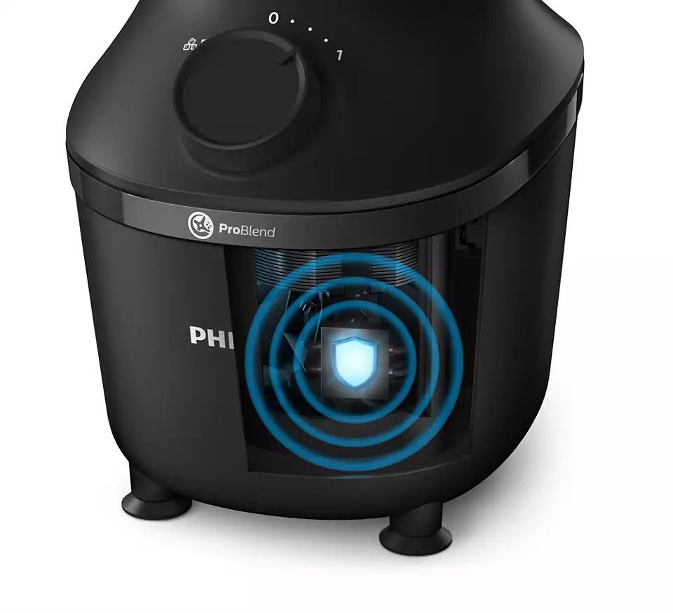 Ein schwarzer Mixer mit einem transparenten Abschnitt, der den inneren Mechanismus zeigt, mit blauen kreisförmigen Wellengrafiken.