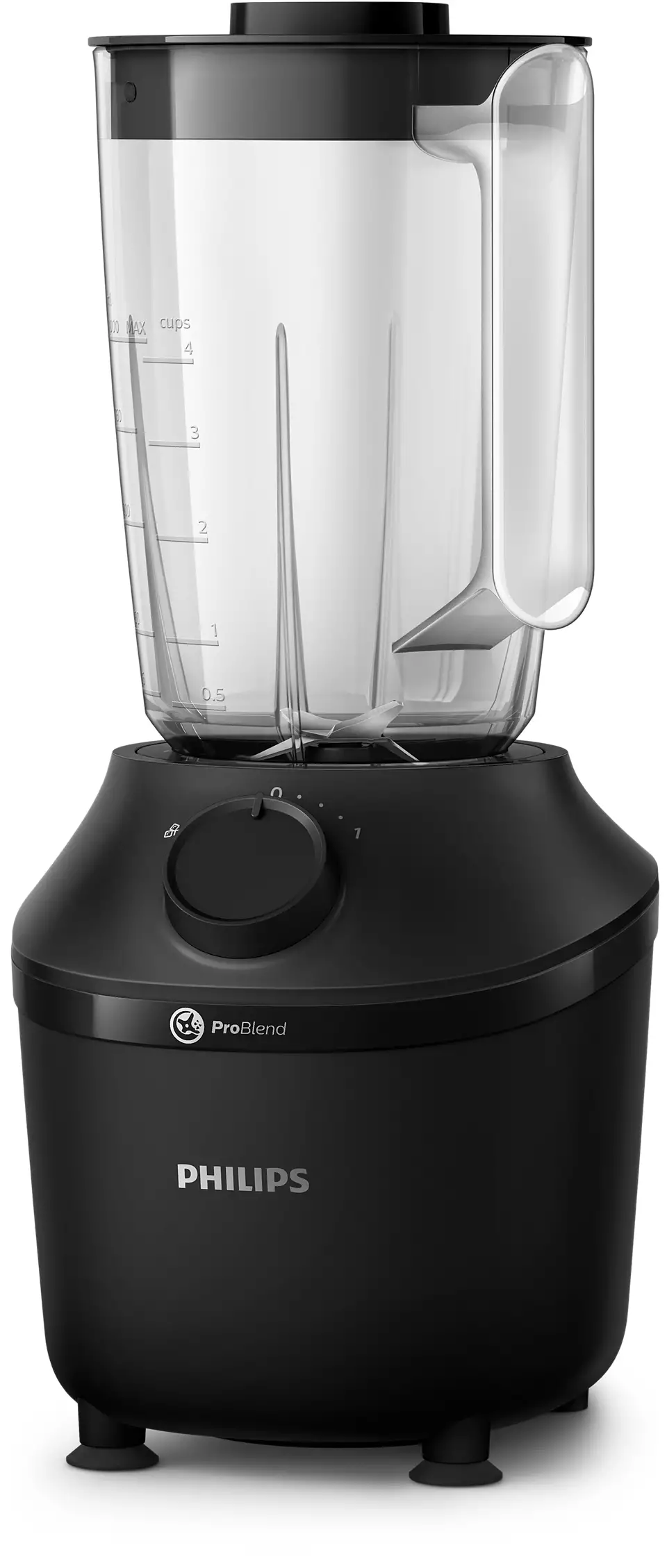 Schwarzer Philips-Blender. Ein klarer Kunststoffbehälter sitzt auf der Basis, mit einem Drehknopf.