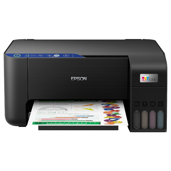 Siyah gövdeli, mavi detaylı ve baskıların olduğu bir kağıt tepsisi olan bir Epson yazıcı.