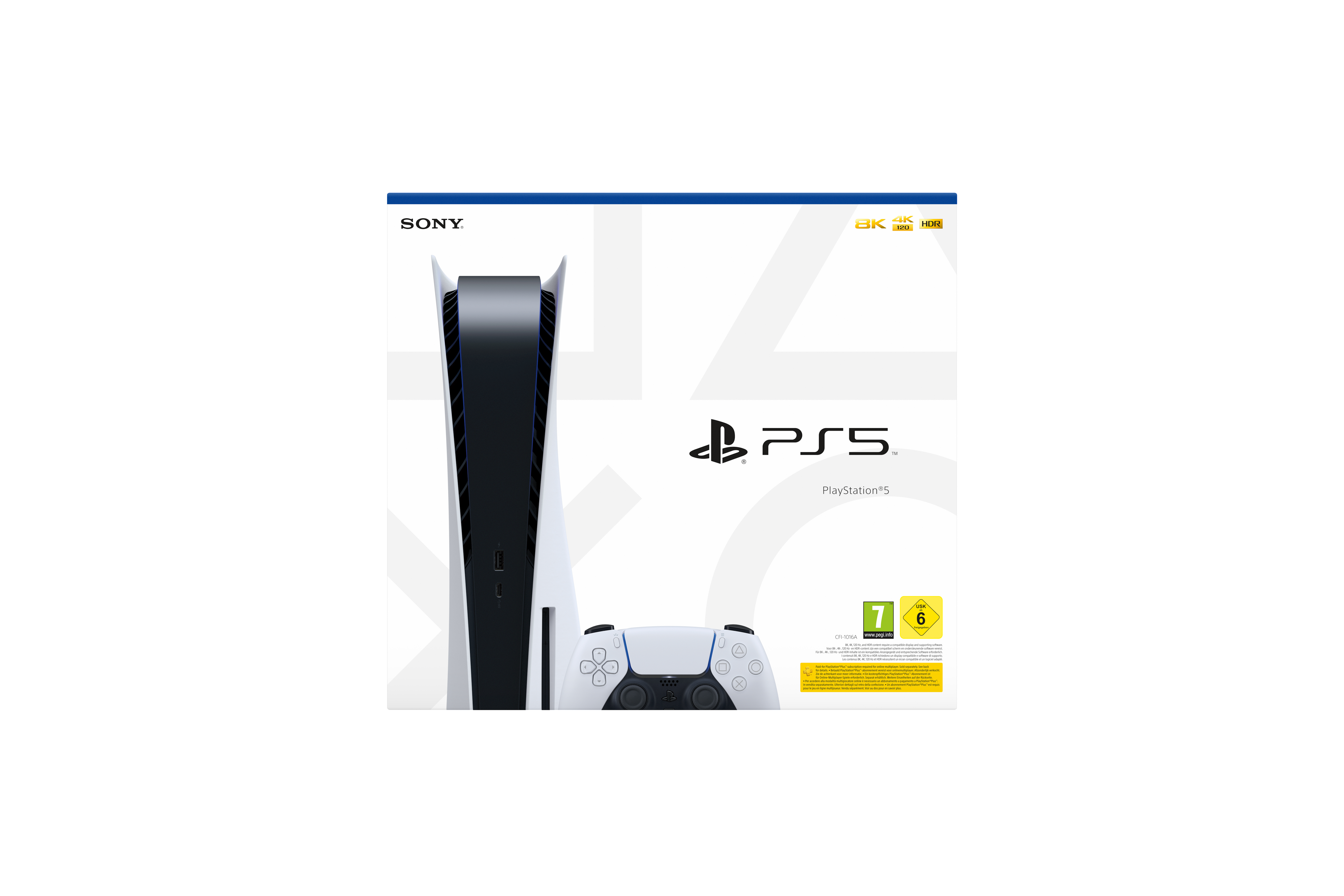 PlayStation 5 Konsole und Controller-Box, mit der Konsole und dem Controller im Bild.