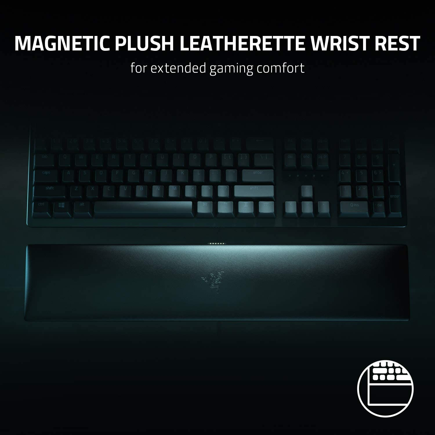 Teclado negro y reposamuñecas sobre un fondo oscuro. El texto dice 'Magnetic Plush Leatherette'.