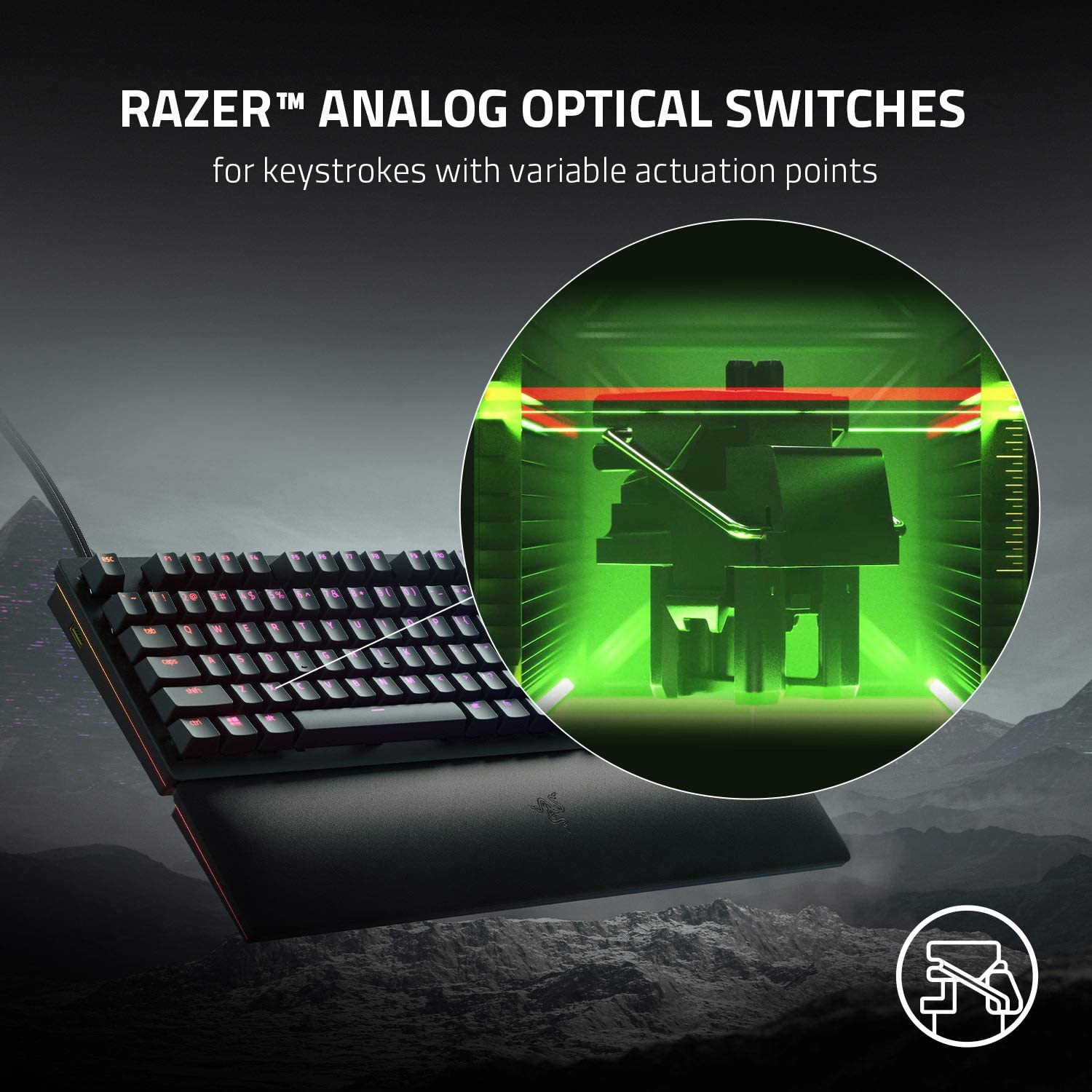 Teclado con teclas rojas y reposamuñecas. Primer plano de un interruptor con iluminación verde.