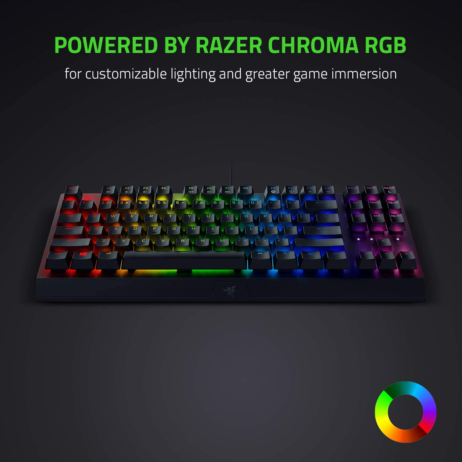Teclado Razer negro con teclas retroiluminadas de colores y un gráfico de rueda de color.