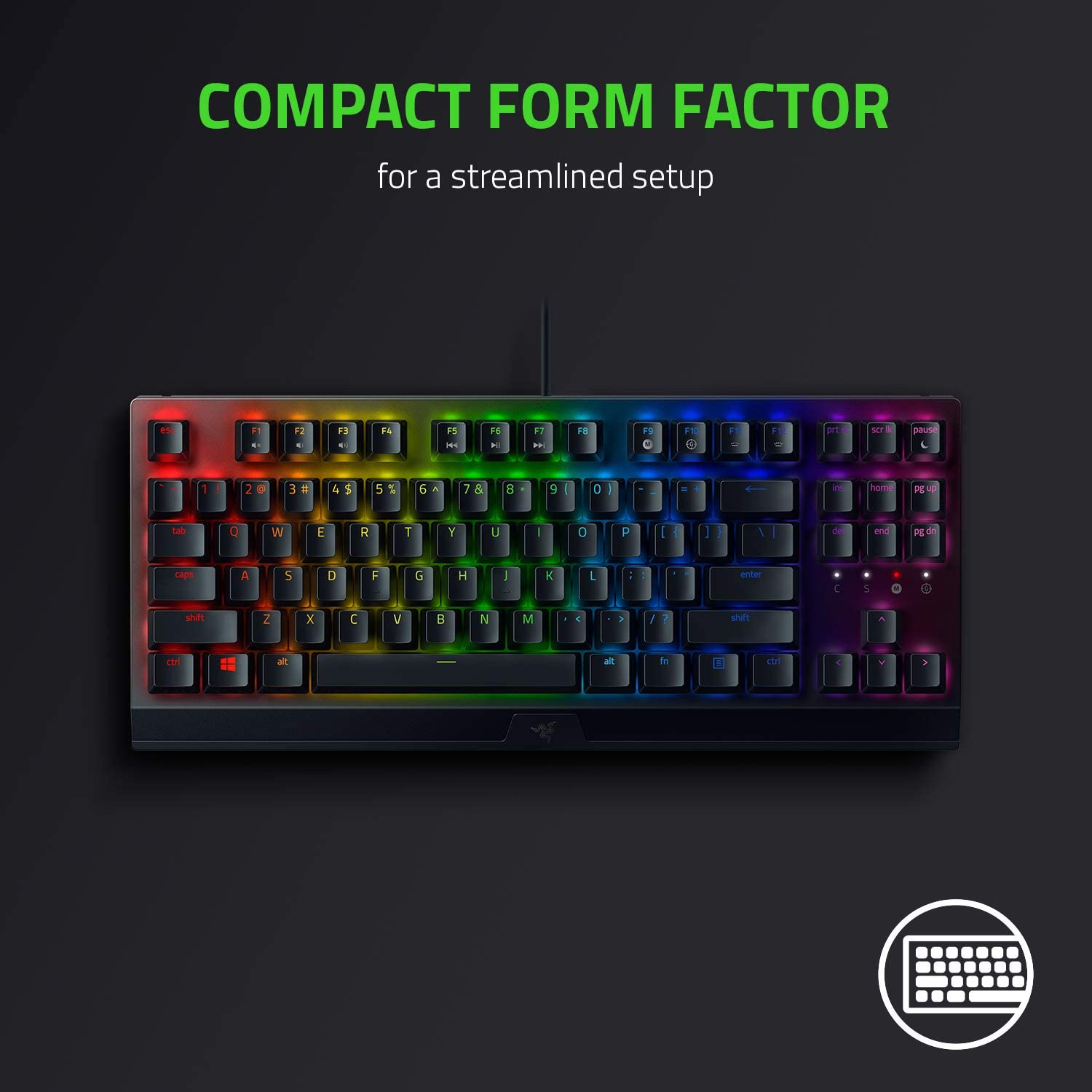Un teclado mecánico negro con teclas de colores arcoíris, con texto blanco superpuesto.