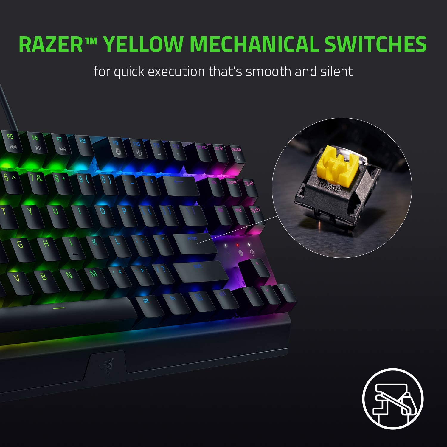 Teclado con interruptores mecánicos amarillos Razer. Primer plano muestra un interruptor amarillo y teclas retroiluminadas.