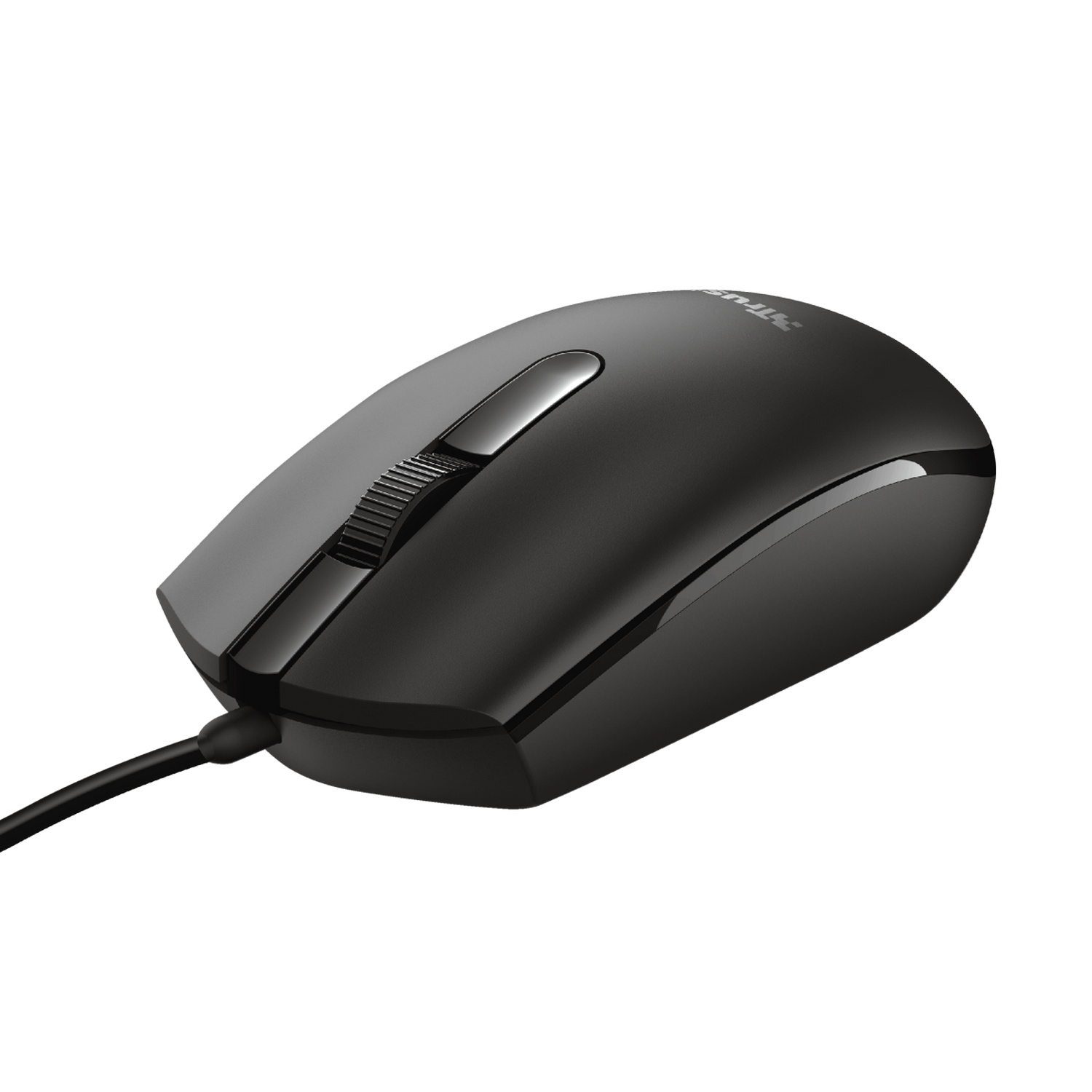 Un ratón de ordenador negro con rueda de desplazamiento sobre fondo negro.